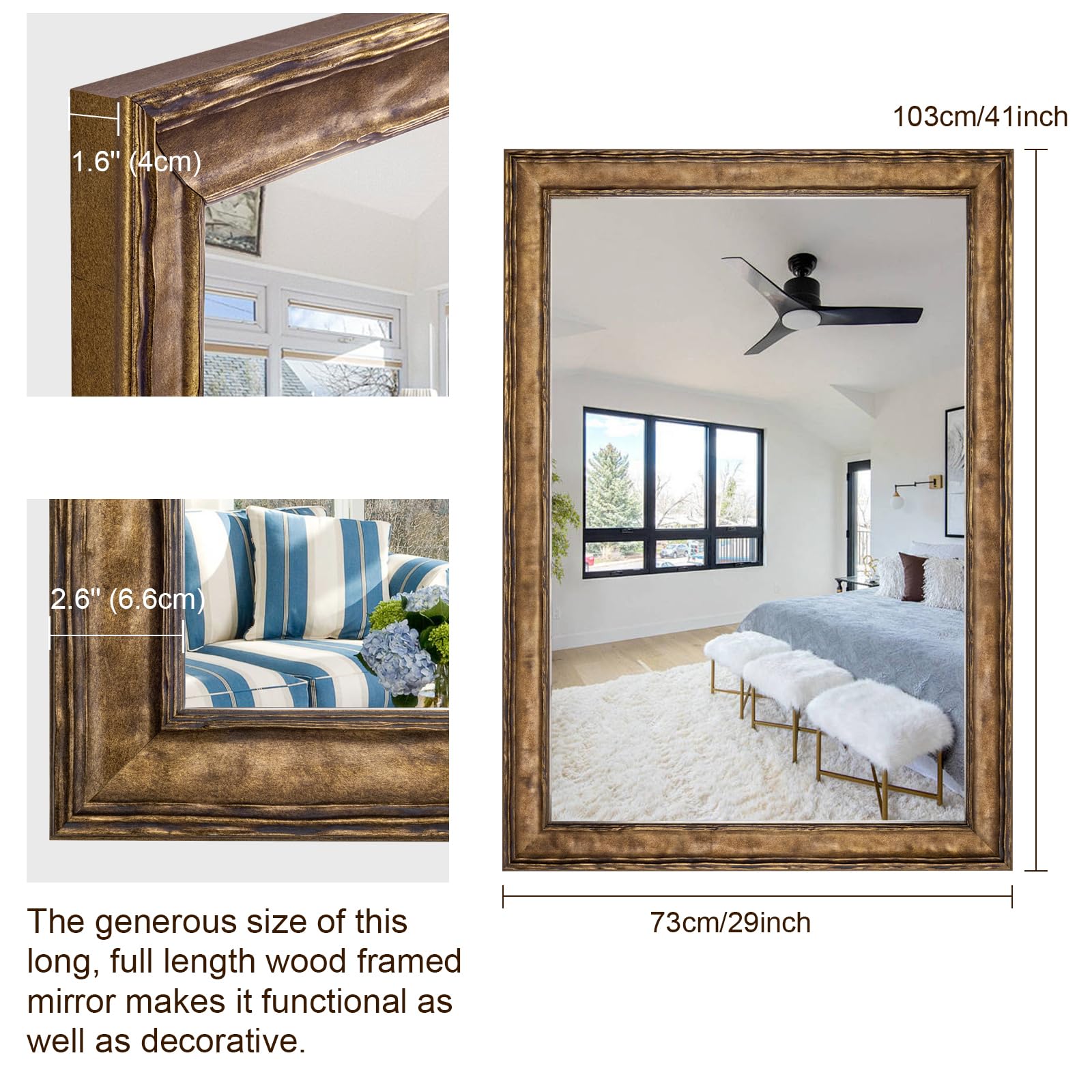47"x24" Vintage Wood Framed Wall Mirror