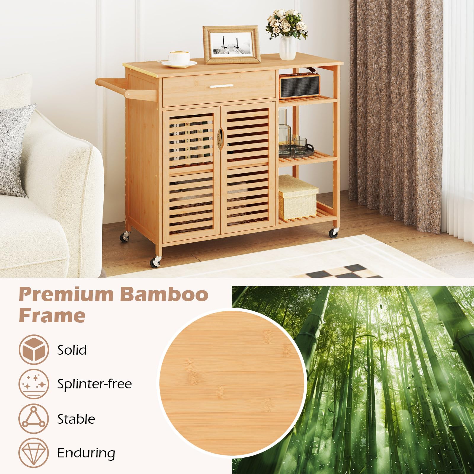 Giantex Bamboo Kitchen Island Cart, Mobile Serving Cart with Drawer, 2-Door Storage Cabinet, 3-Tier Shelves & Towel Rack, Rolling Utility Trolley for Dining Room (Natural)