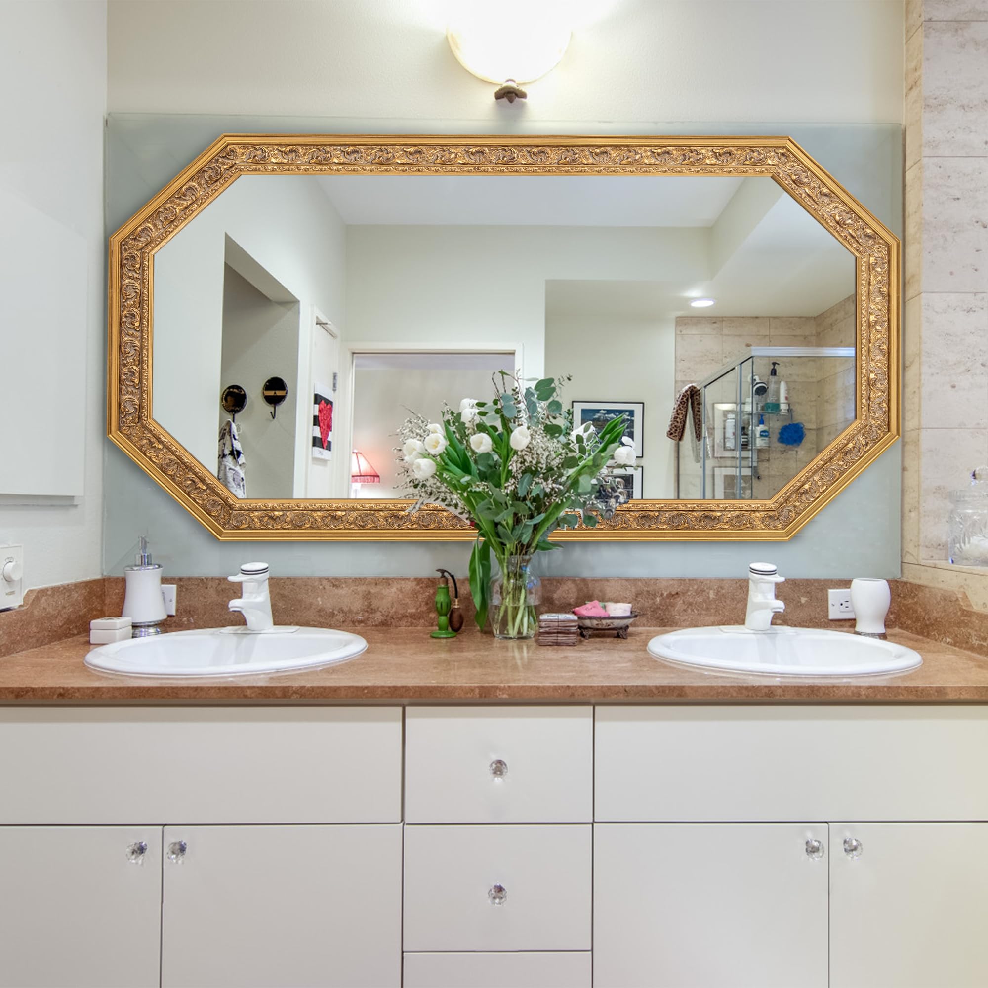 Octagonal Gold Wall Mirror with Carved Wood Frame