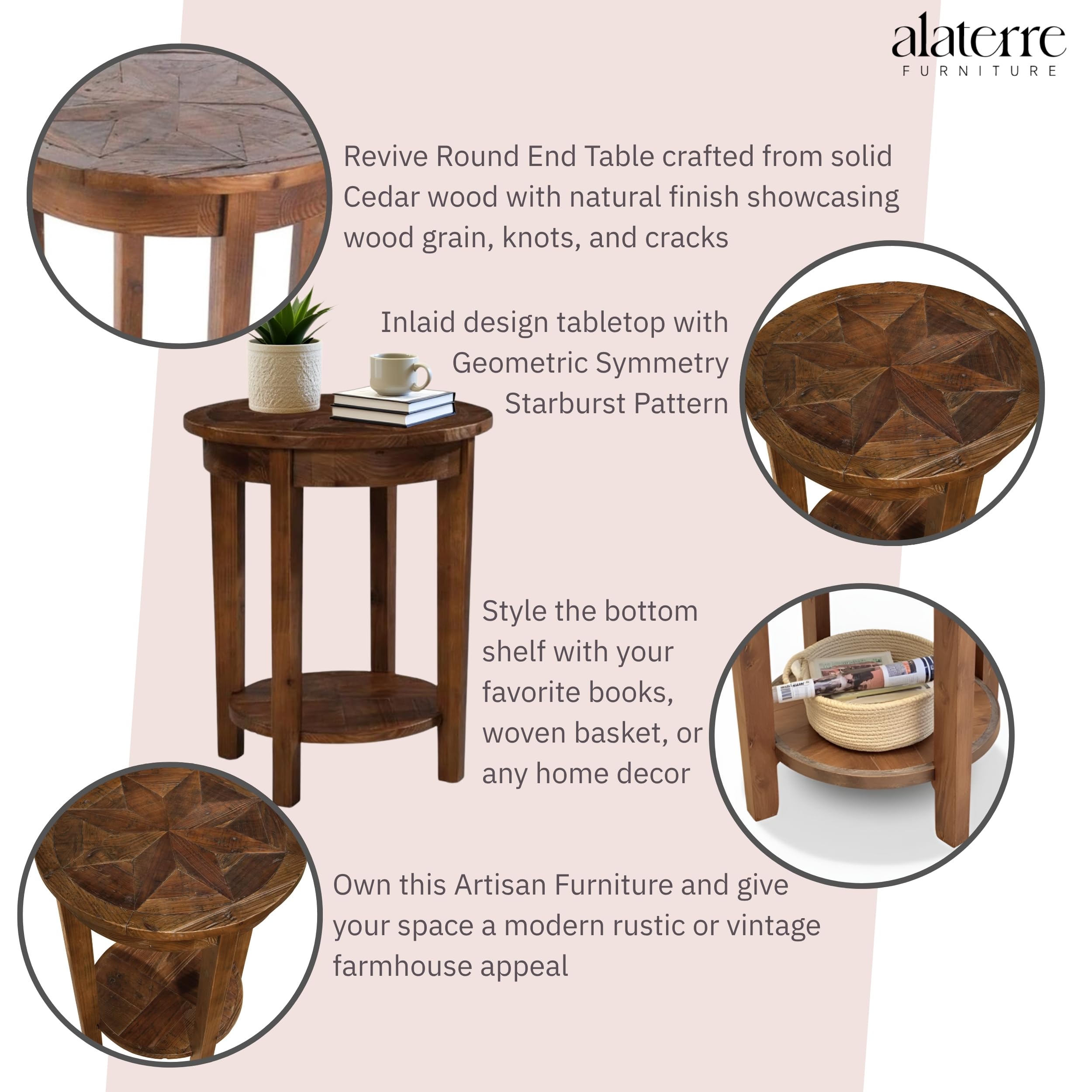 Alaterre Furniture Revive 20 Inch Round End Table with Bottom Shelf for Storage, and Unique Wood Characters - Modern Rustic Living Room Furniture