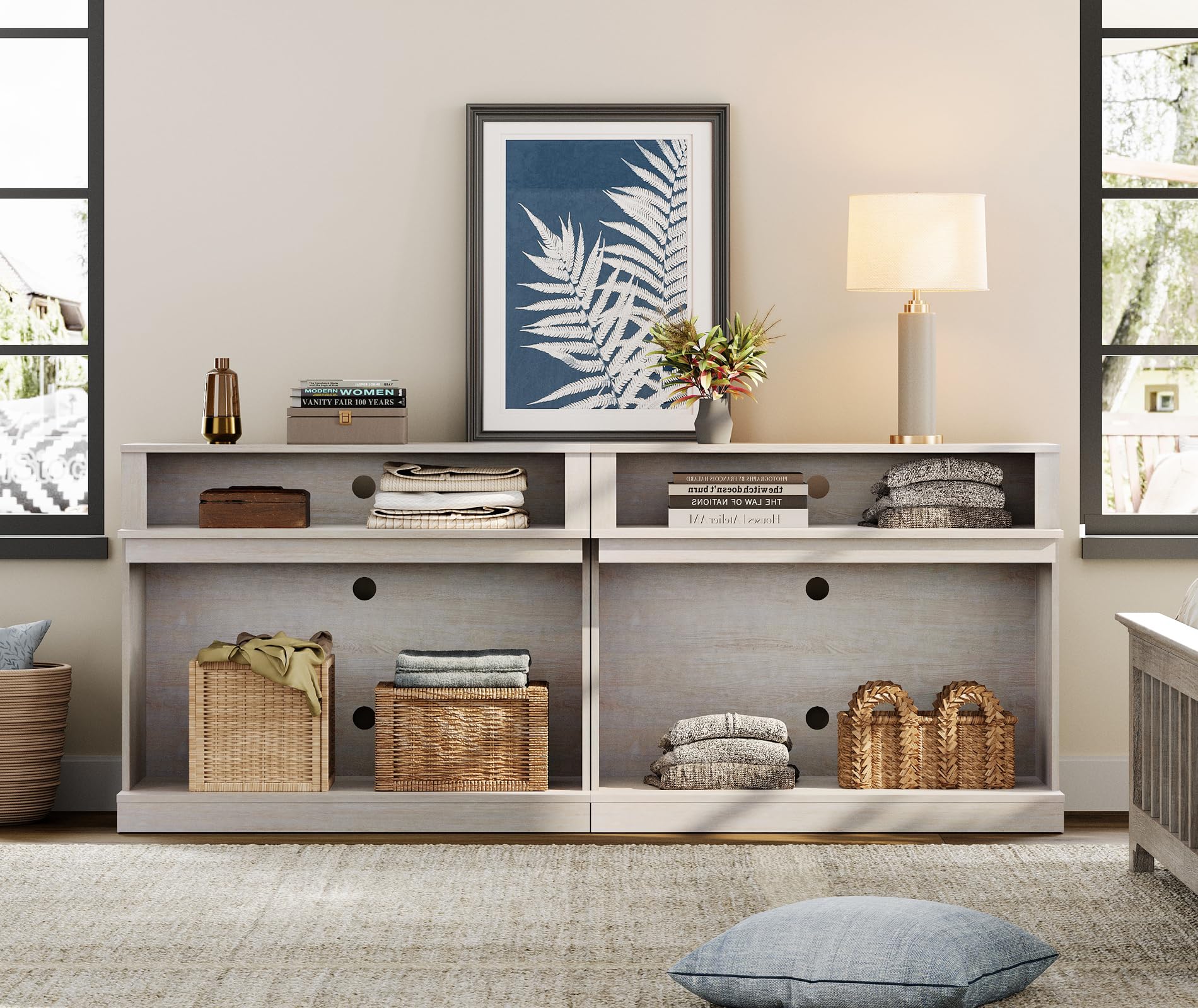 WAMPAT TV Stand for 85+ Inch TVs, Set of 2 Farmhouse Entertainment Center with Open Storage Shelves, Industrial Media Console Table for Living Room and Bedroom, Antique White