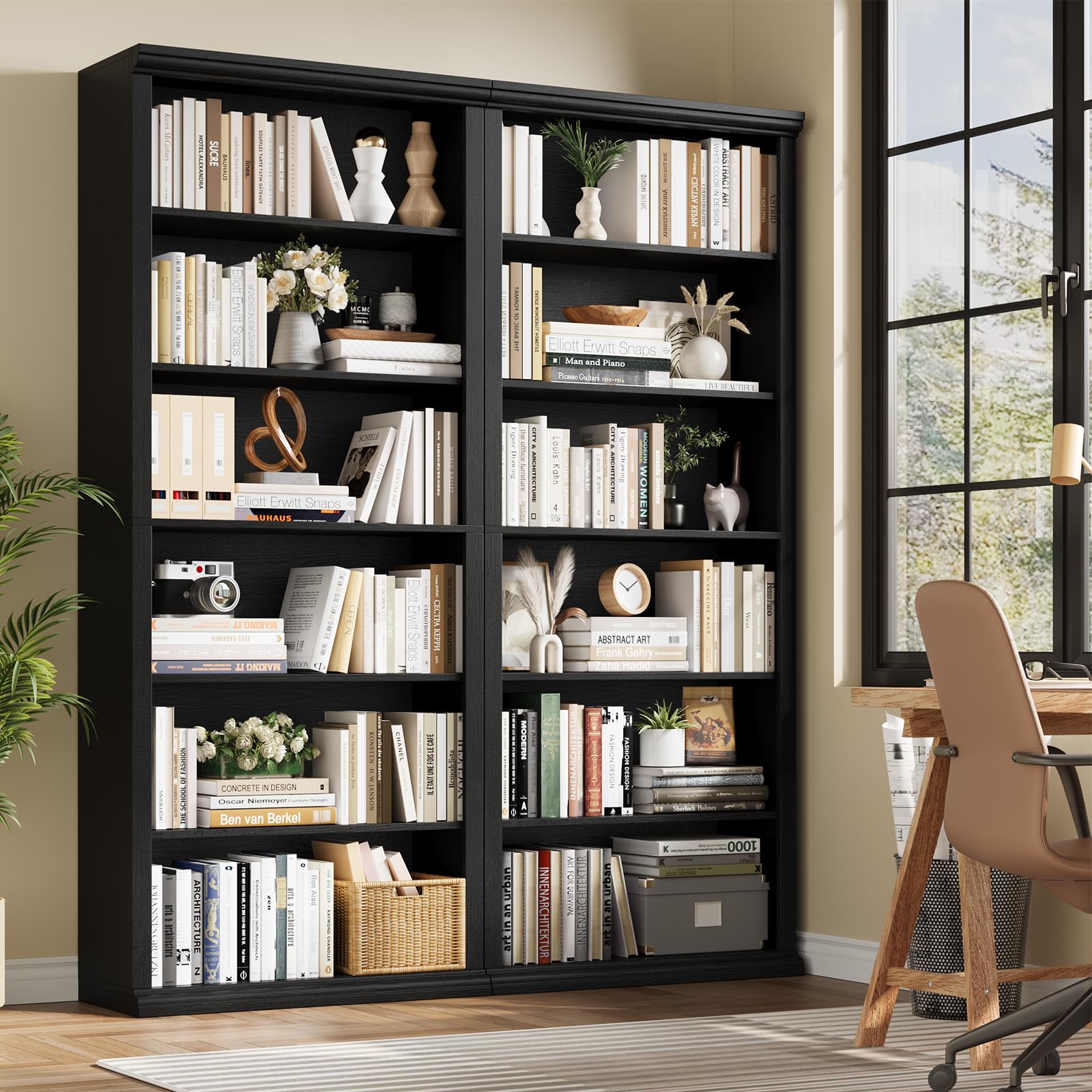 Rresyet Bookcase and Bookshelves, 28" W Tall Bookshelf with Elegant Design, 6 Tiers Spacious Book Storage, Freestanding Book Organizer, Display Library Shelf for Home Office, Living Room & Study Room