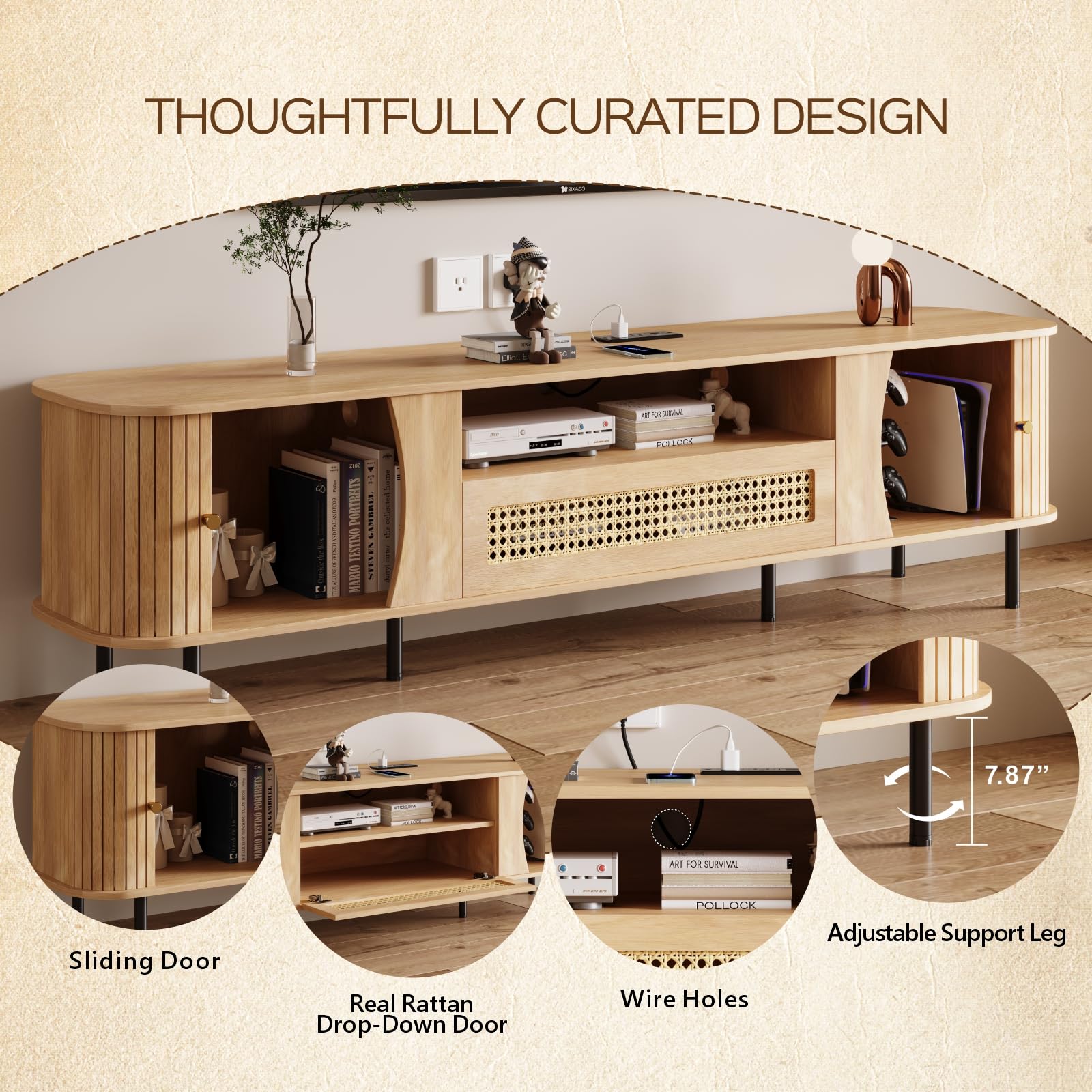 basenji Fully Assembled 71" Mid Century Modern TV Stand with Power Outlet and Sliding Doors, Rattan Entertainment Center with Storage, Wood Media Console,TV Consoles for Living Room, Wood