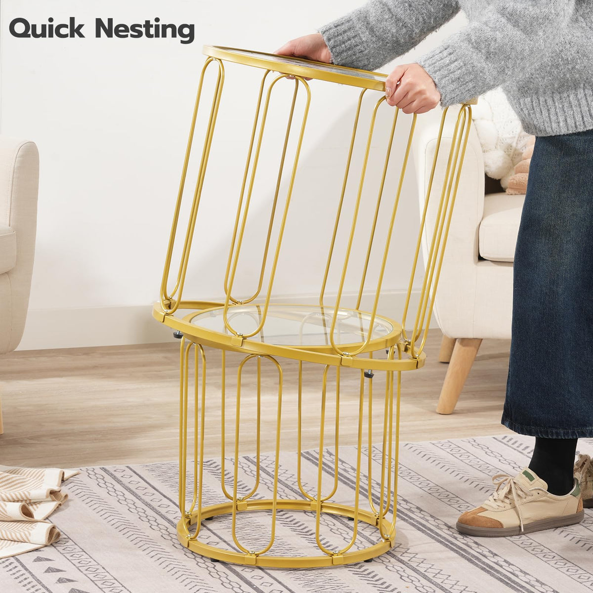 HOOBRO Small Coffee Table Set of 2, Gold Accent End Table with Metal Frame