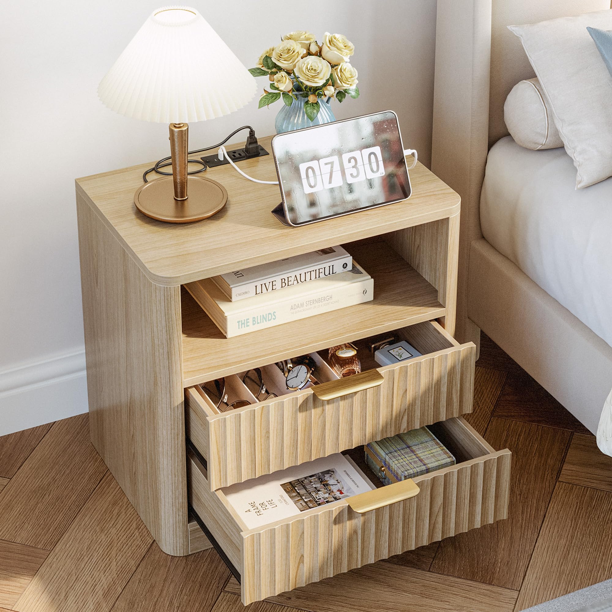 Fluted Nightstand Set of 2 with Charging Station