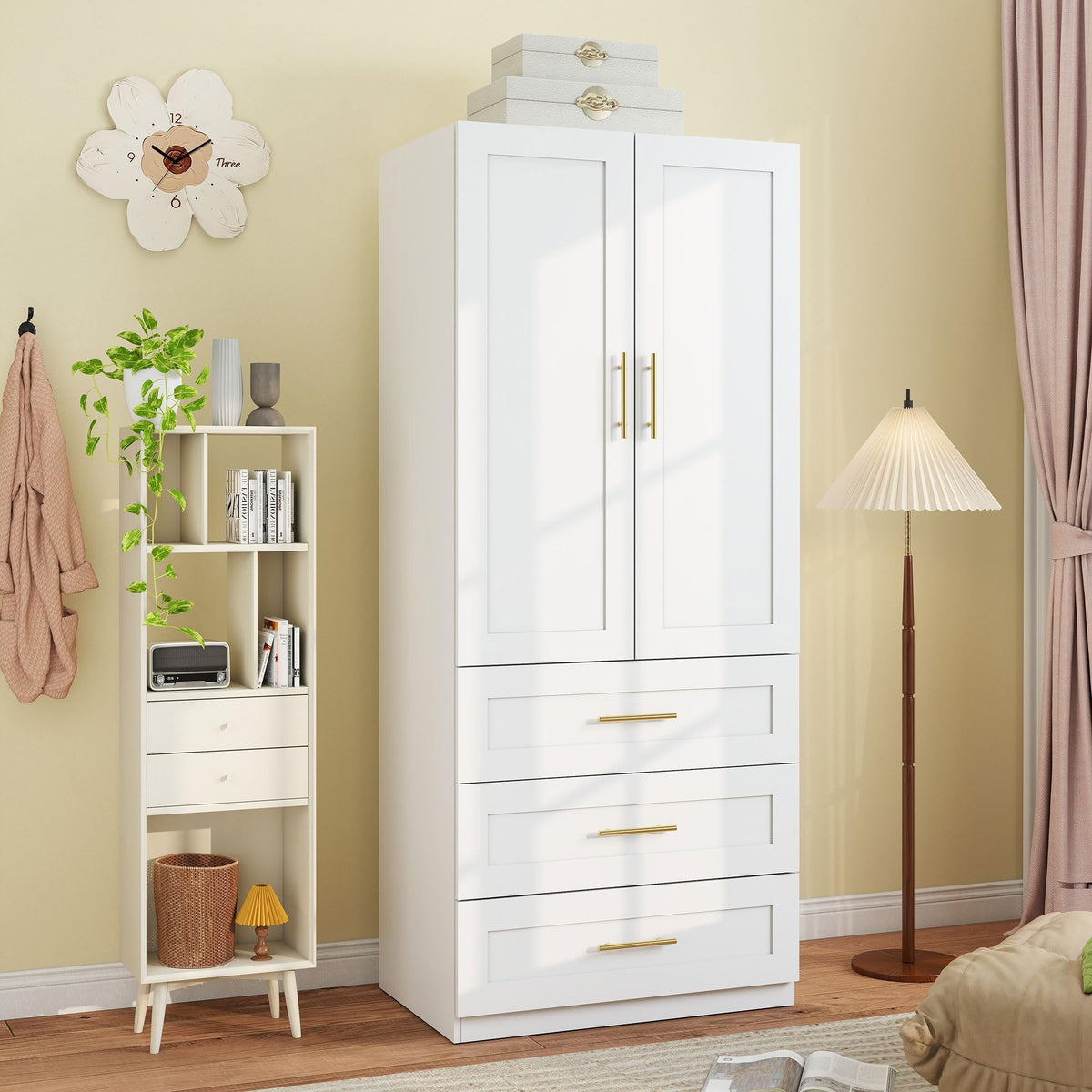 White Armoires Wardrobes Closet with 3 Drawers, 75" Tall x 32" Wide