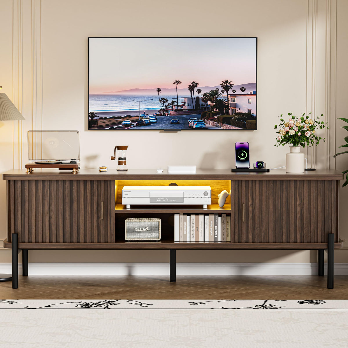Ammora Living 70.8 Inch TV Stand for TVs up to 80 Inch, Modern Fluted Entertainment Center with Sliding Tambour Doors, Smart LED Lights, Adjustable Shelves and Storage, Mid Century TV Console, Walnut