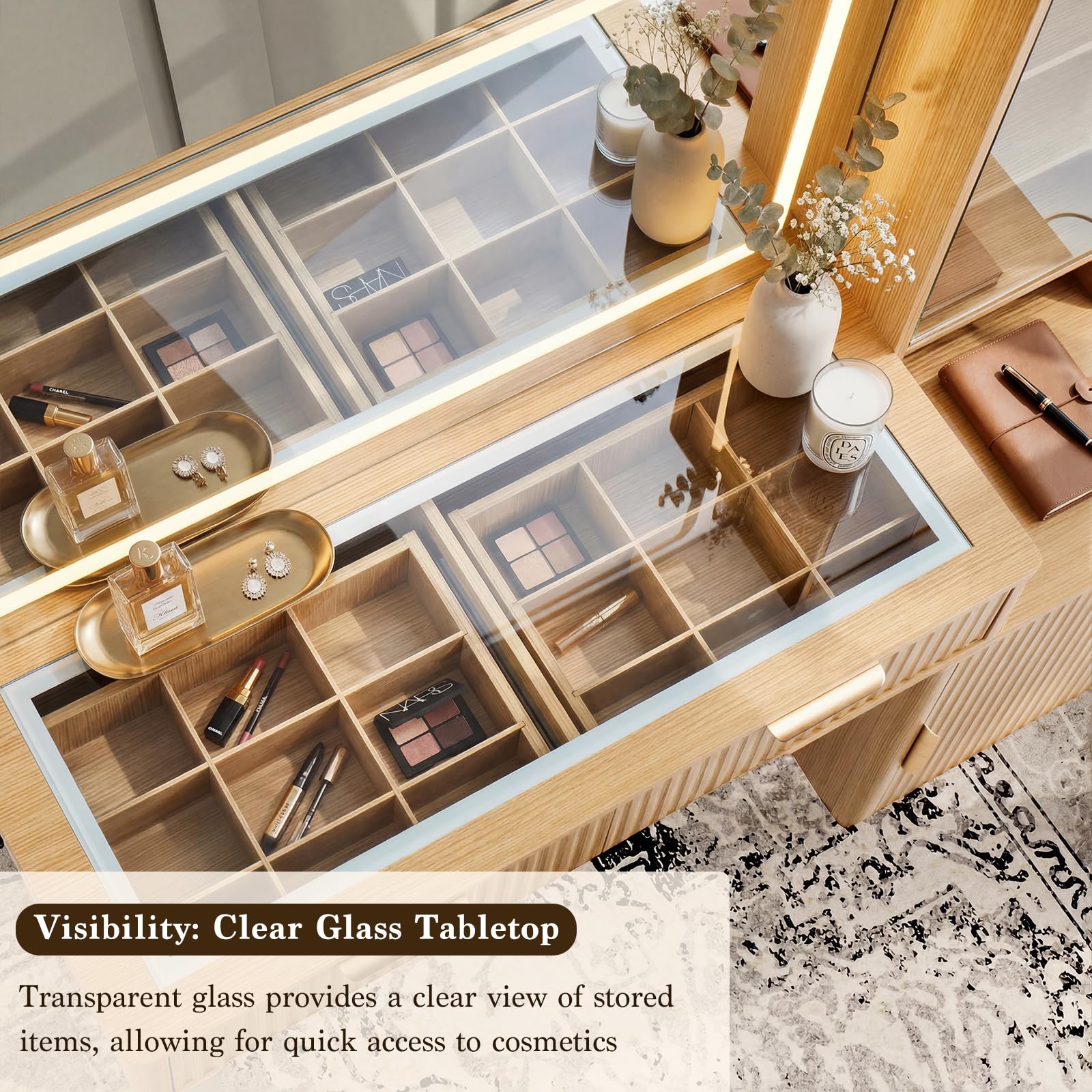 Fluted Makeup Vanity Desk with Upholstered Stool for Women, 40" Wooden Vanity Table with Mirror and Lights, Modern Glass Top, Adjustable Shelves,Dressing Table Set Charging Station for Bedroom, Oak