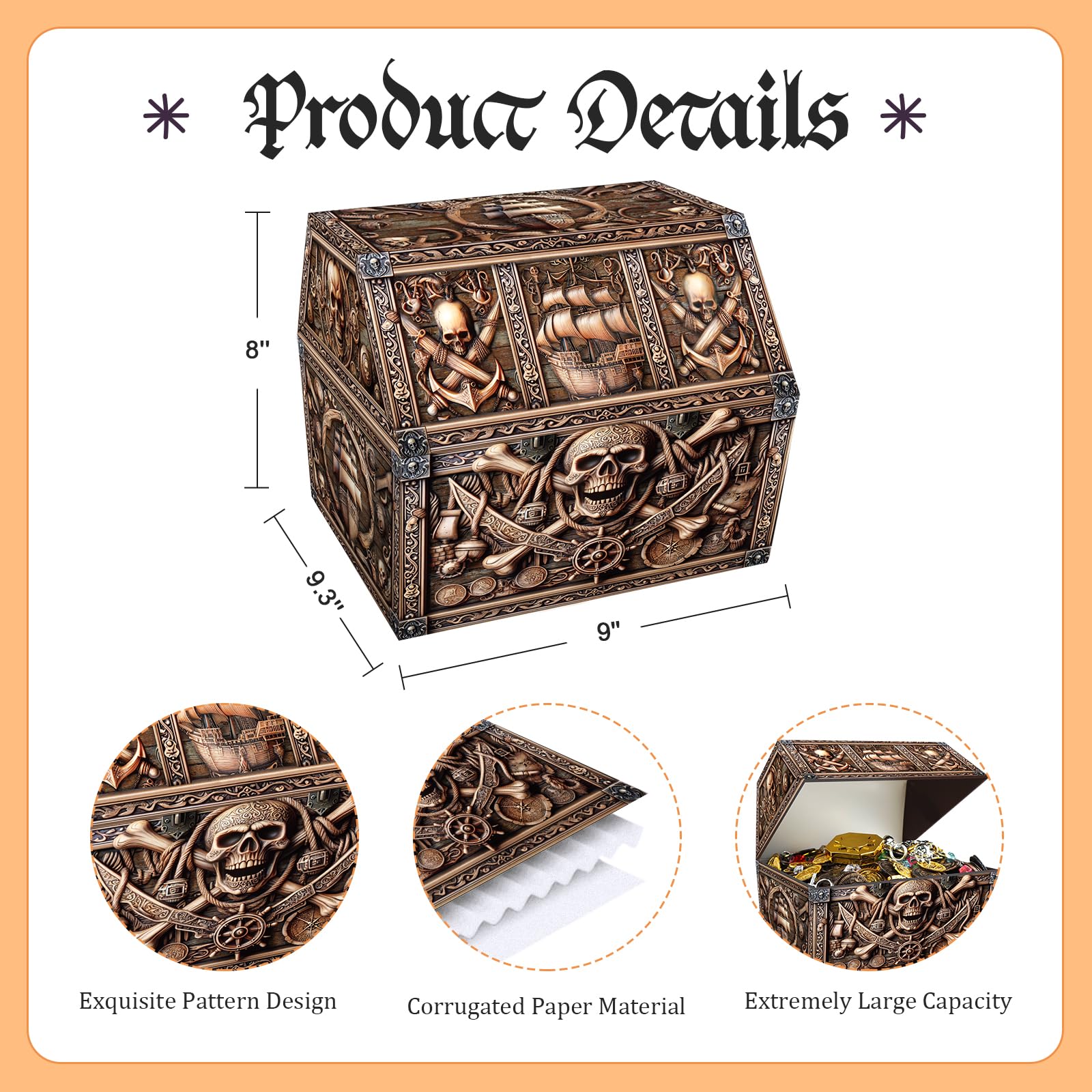 PETCEE Pirate Treasure Chest & Skull Box - Large 9"x 9.3"x 8" Cardboard Classroom Storage for Kids Prizes Reusable Treasure Chest for Classroom Rewards Pirate Party Decor Toys Keepsake Organizer