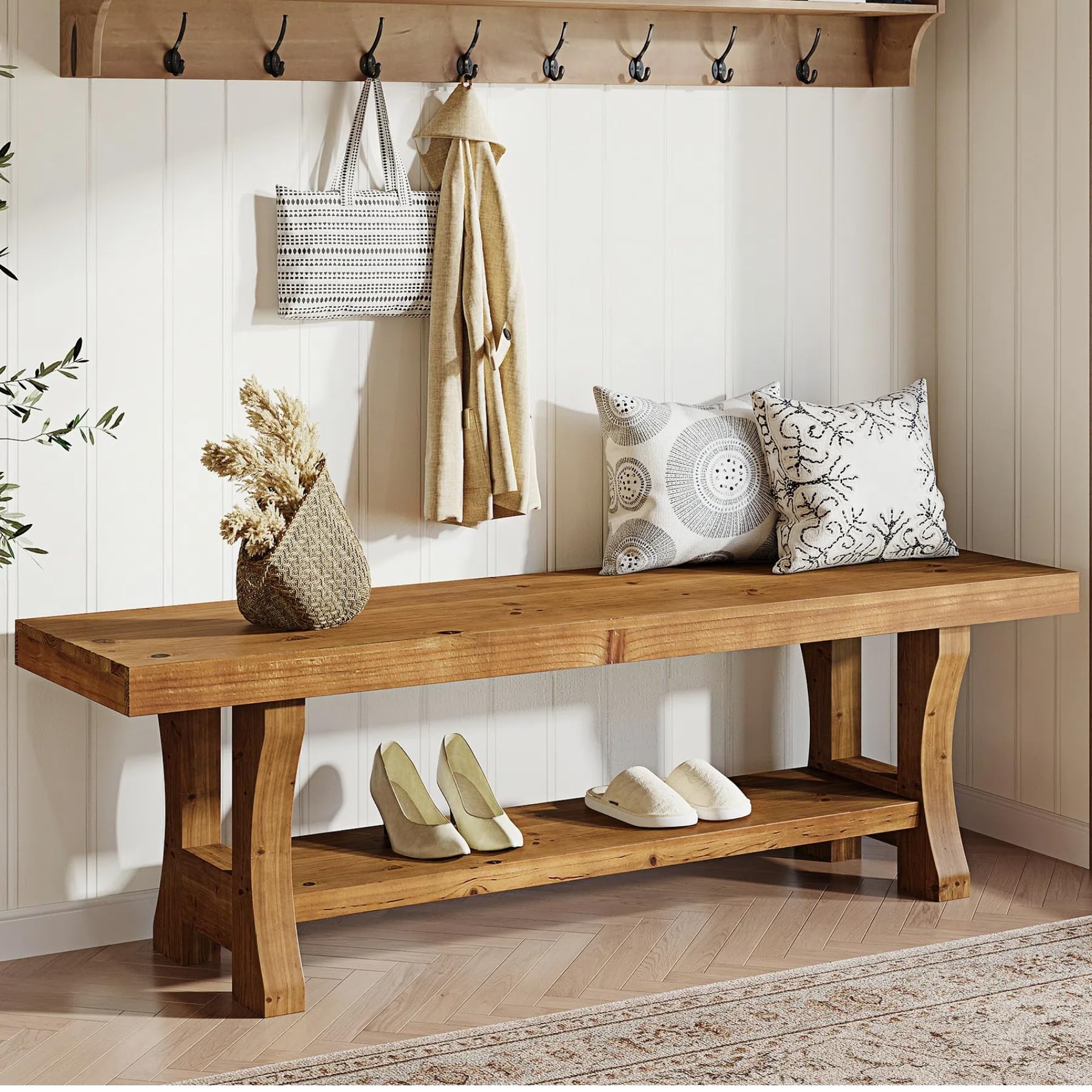 TRIBEWOOD Solid Wood Entryway Bench, 55" End of Bed Bench, Long Indoor Dining Seat for Hallway, Bedroom, Living Room, Dining Room, Easy Assembly, Brown