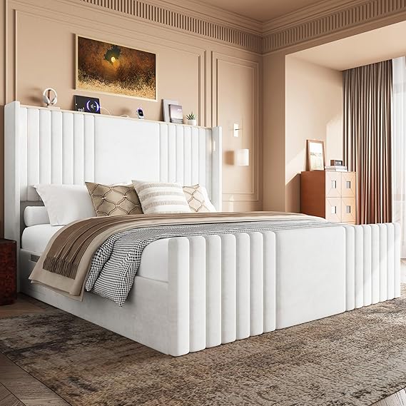 Velvet Wingback Platform Bed Frame with LED Reading Lights