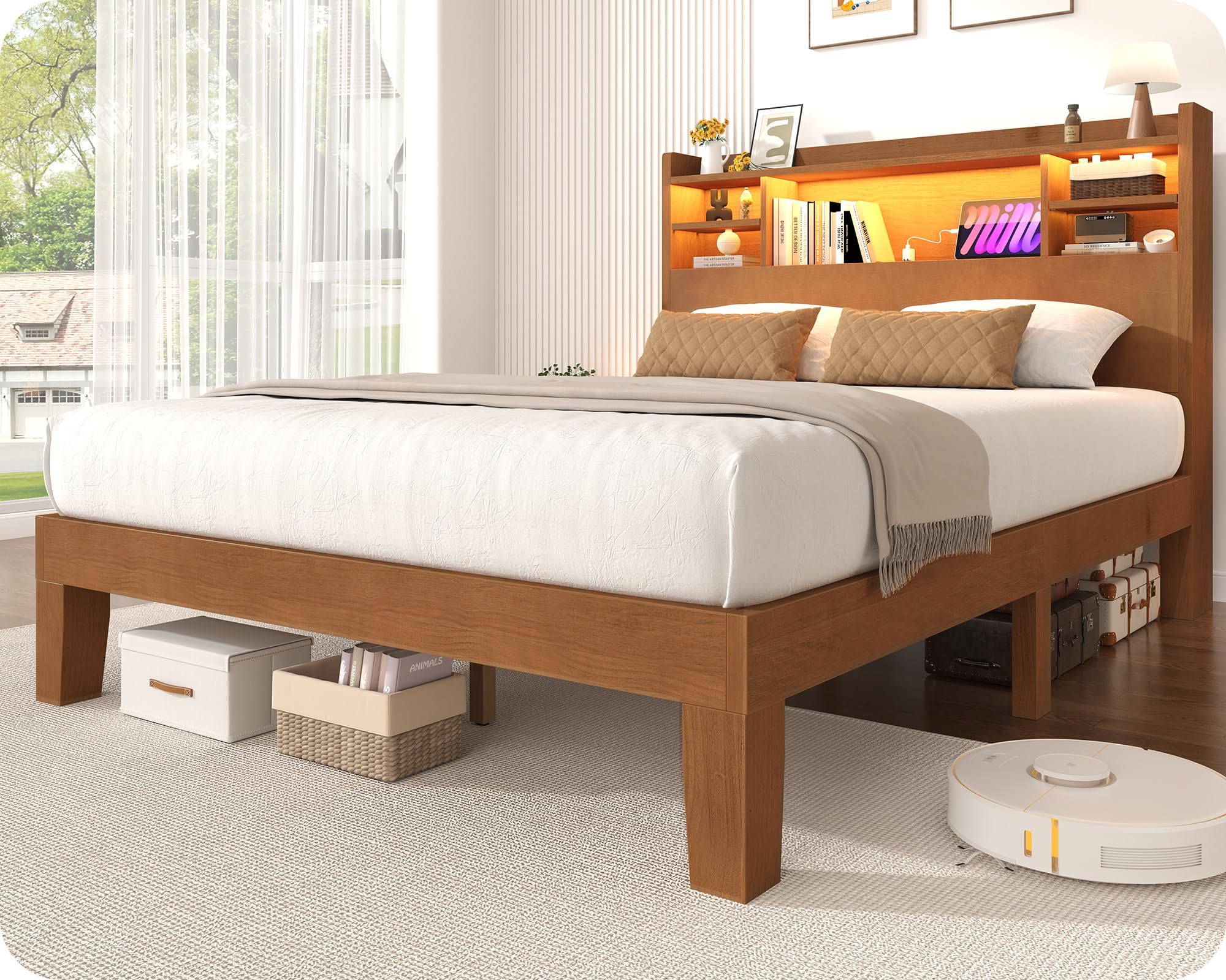 Solid Wood Bed Frame with RGB LED Headboard | Remote & App Control