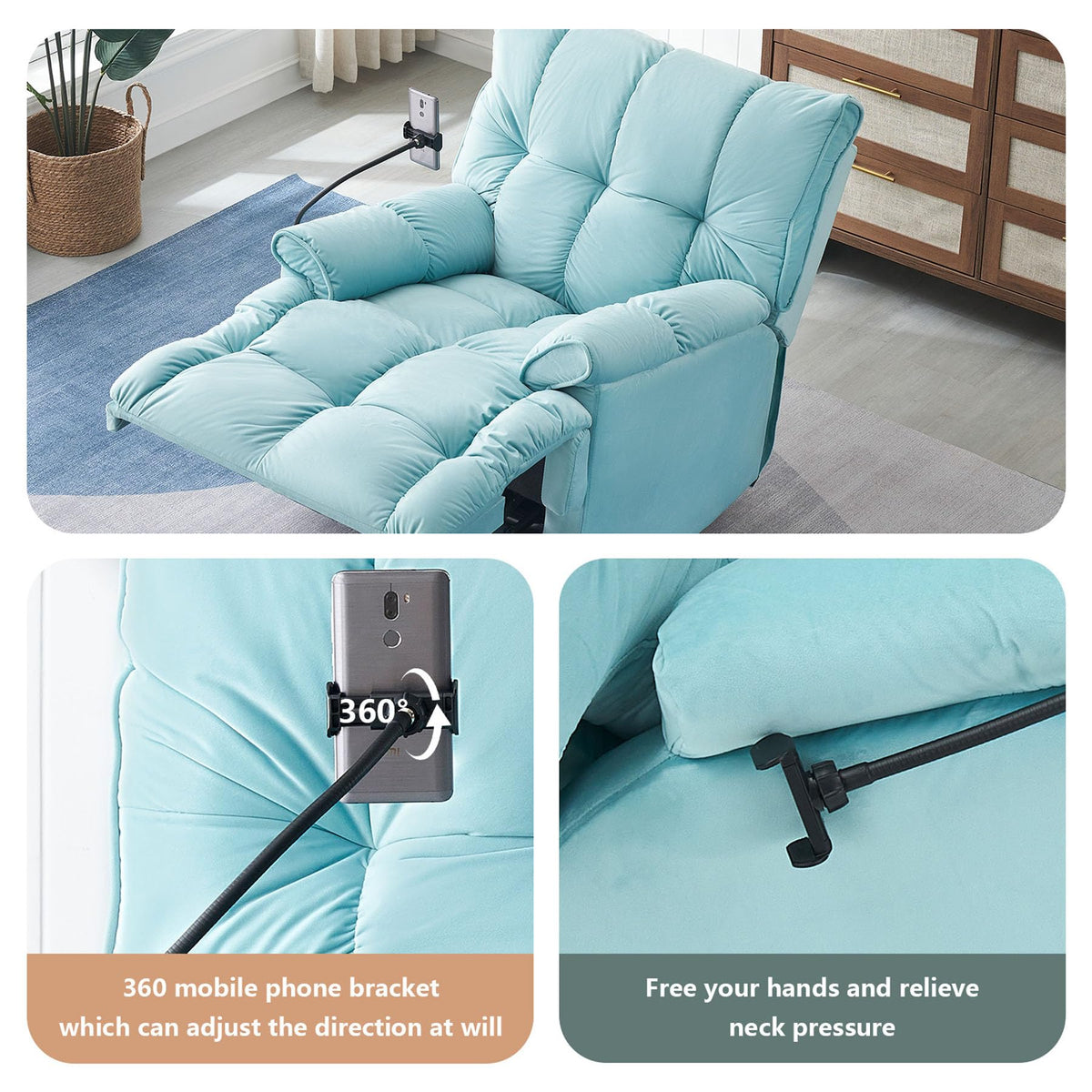 Velvet Recliner Chairs for Adults & Lazy Recliner Chair, Adjustable Backrest, Phone Stand, Suitable for Small Spaces, Living Room (Cyan)