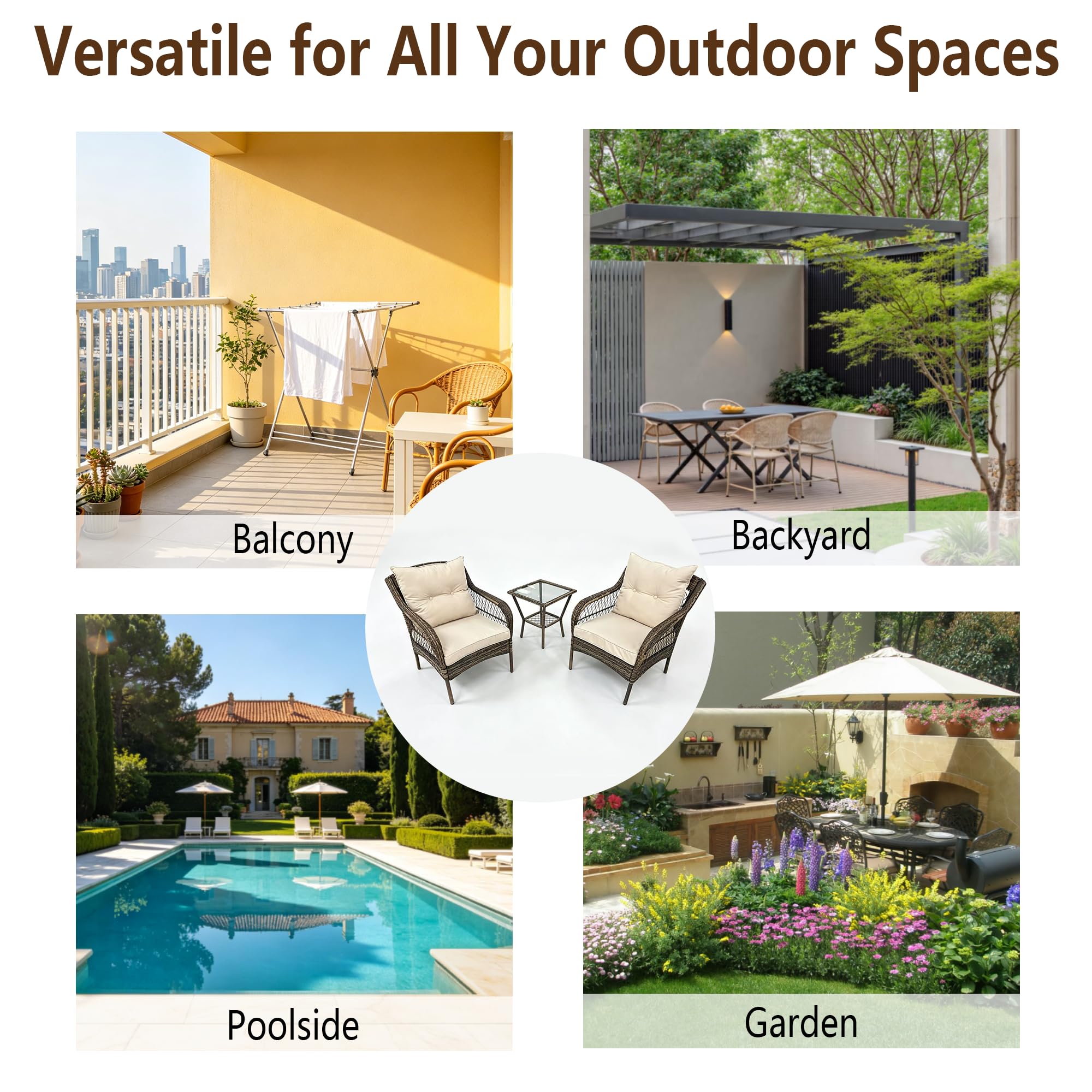 3 Piece Outdoor Wicker Patio Furniture Set, Rattan Conversation Bistro Set with 2 Arm Chairs & Tempered Side Table, All-Weather PE Rattan Chairs with Cushions for Backyard, Balcony, Garden, Beige