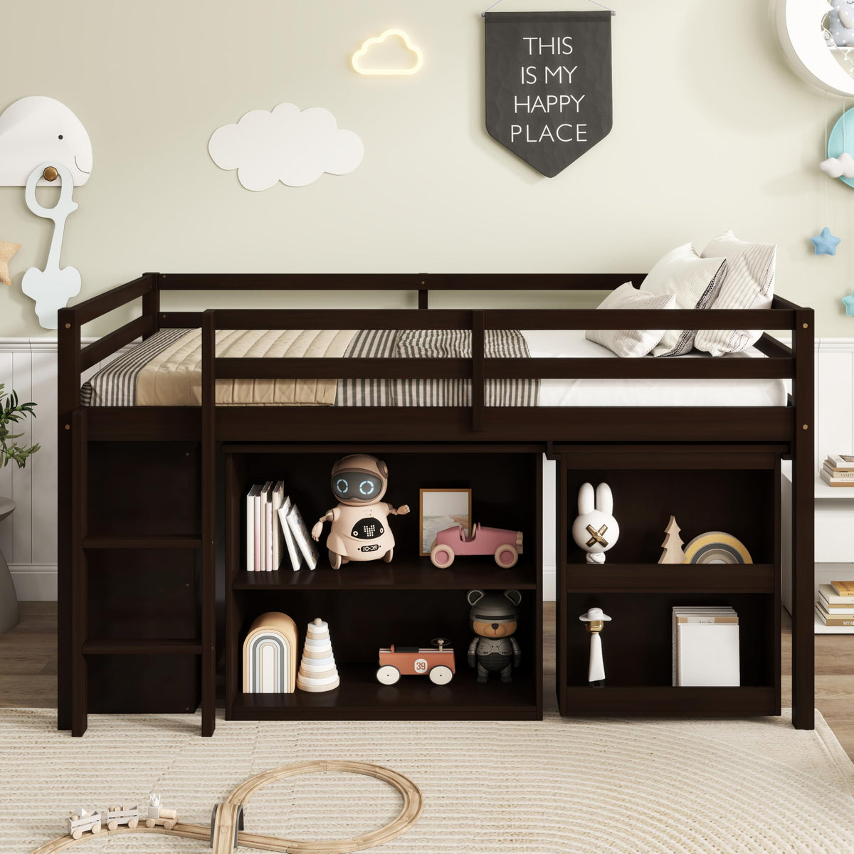 PVWIIK Twin Size Low Loft Bed with Desk,Storage Drawer for Kids,Espresso