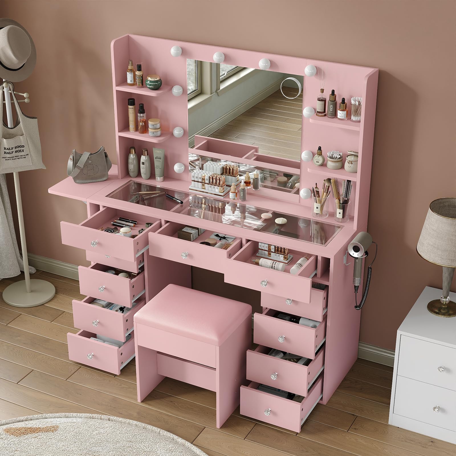 FUSOU Vanity Desk with Power Outlet, 11 Drawers Makeup Vanity with Lighted Mirror, 3 Colors Adjustable, Glass Top Vanity with Chair, 4 Shelves and Fold-up Panel, Dressing Table for Bedroom, Pink