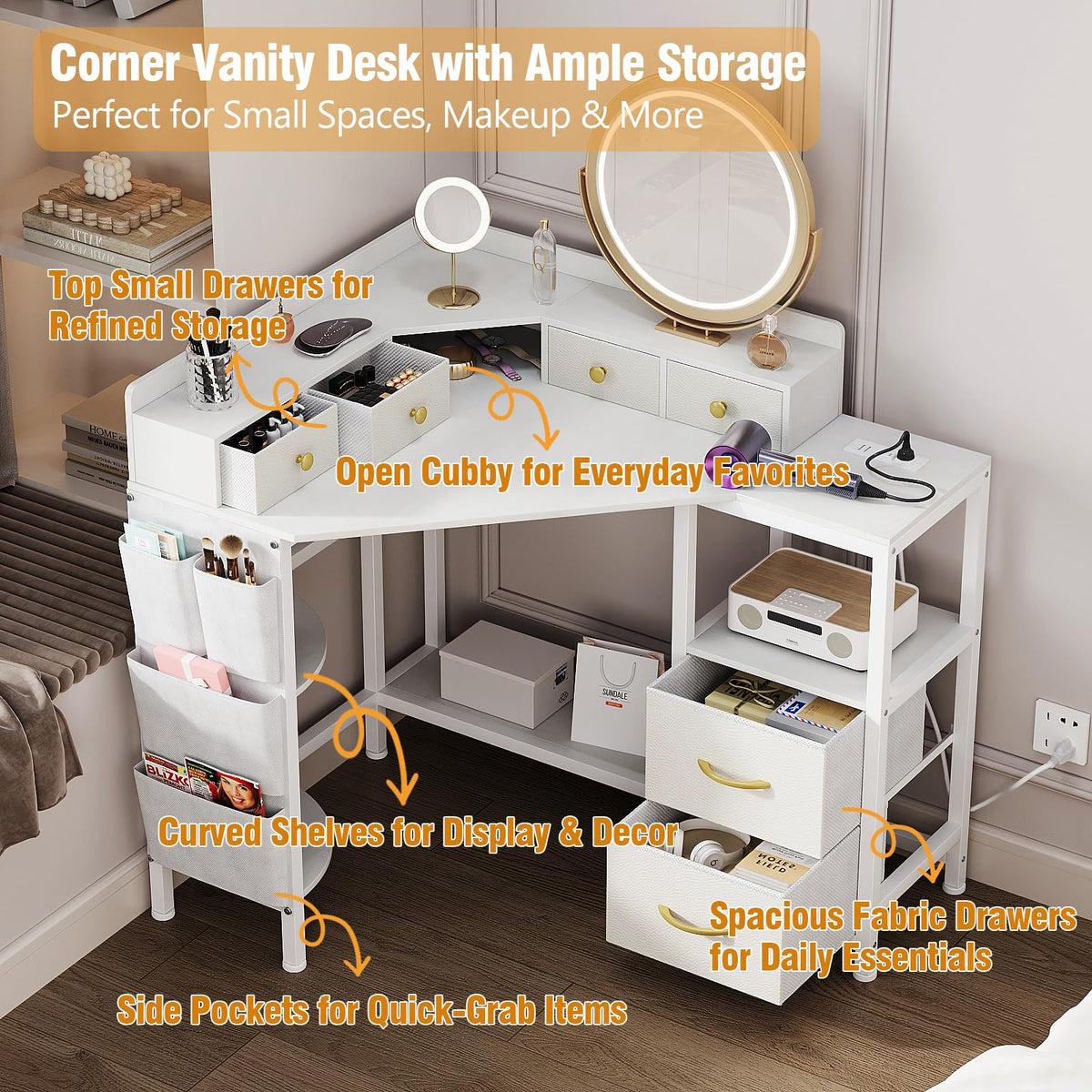 Corner Vanity Desk with Charging Station