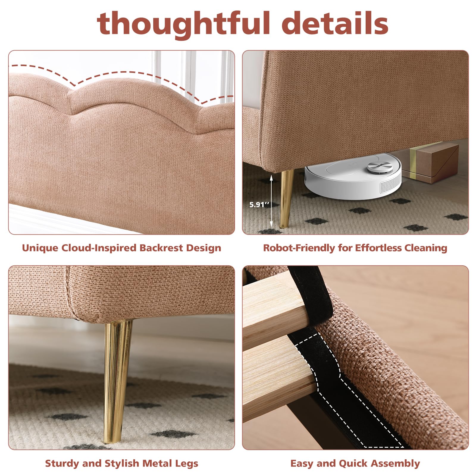 Linen Upholstered Twin Daybed with Cloud-Shaped Backrest & Gold Metal Legs