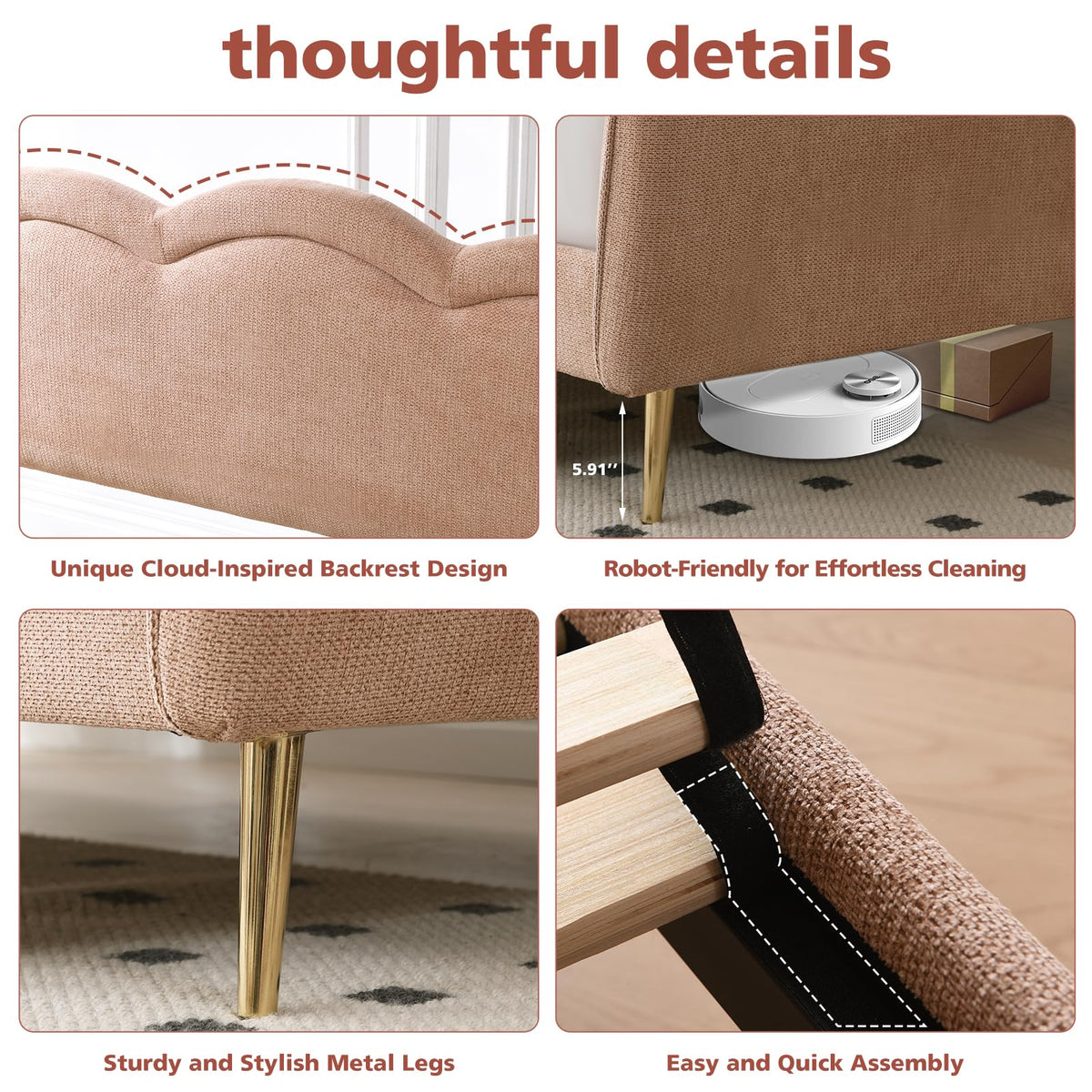 VELOCAVA Twin Size Upholstered Daybed with Cloud-Shaped Backrest, Modern Linen Sofa Bed with Metal Legs, Wood Slat Support for Bedroom, Living Room, Guest Room, Blush Pink