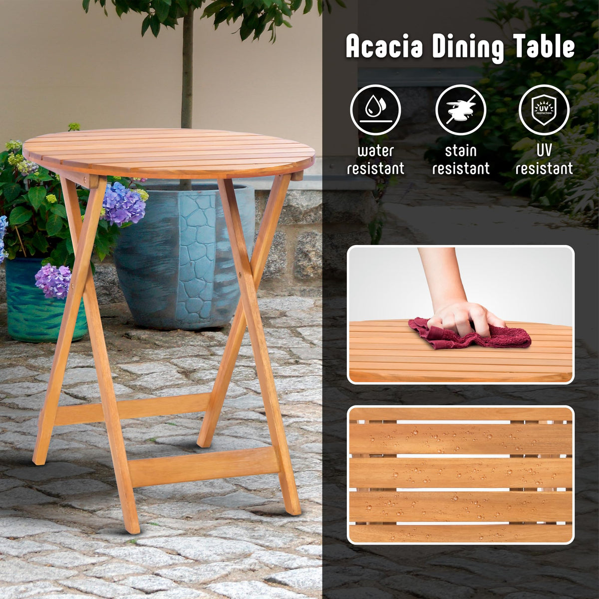 Werph 3-Piece Acacia Wood Patio Set, Foldable Bistro Table and Chairs Set