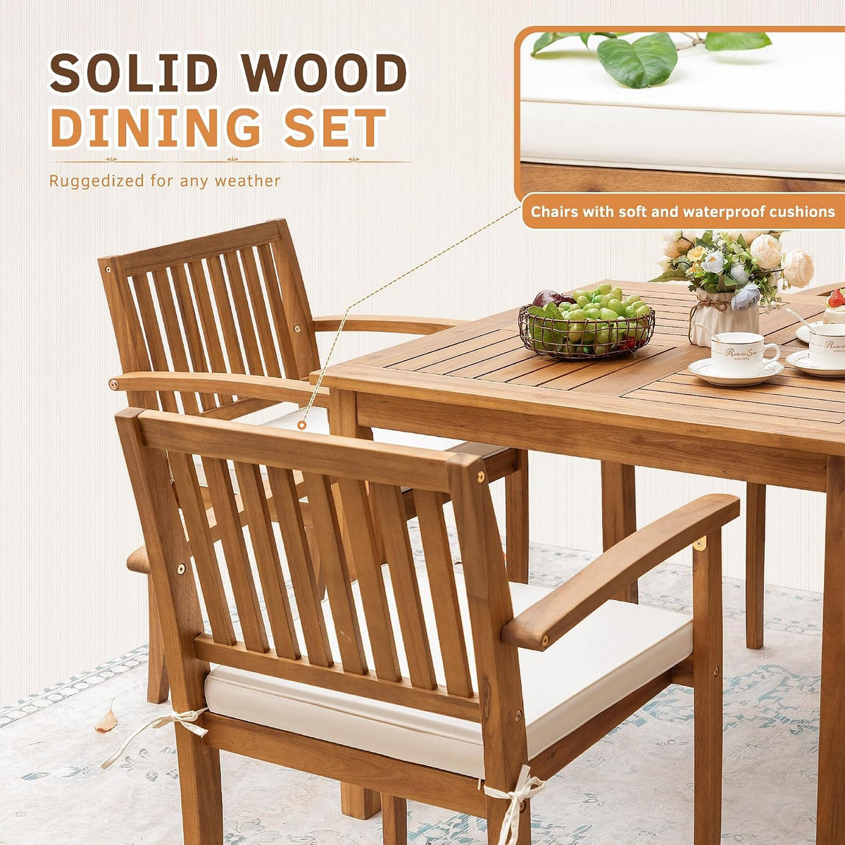 Greesum 5 Pieces Acacia Wood Patio Dining Set, Outdoor Table & Chairs