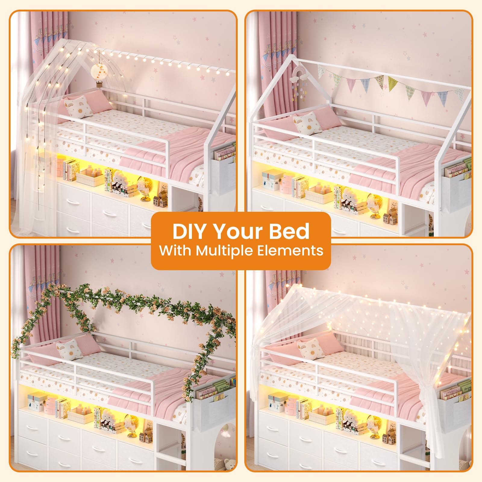 Twin Size Kids Loft Bed with Storage Drawers & LED Lights
