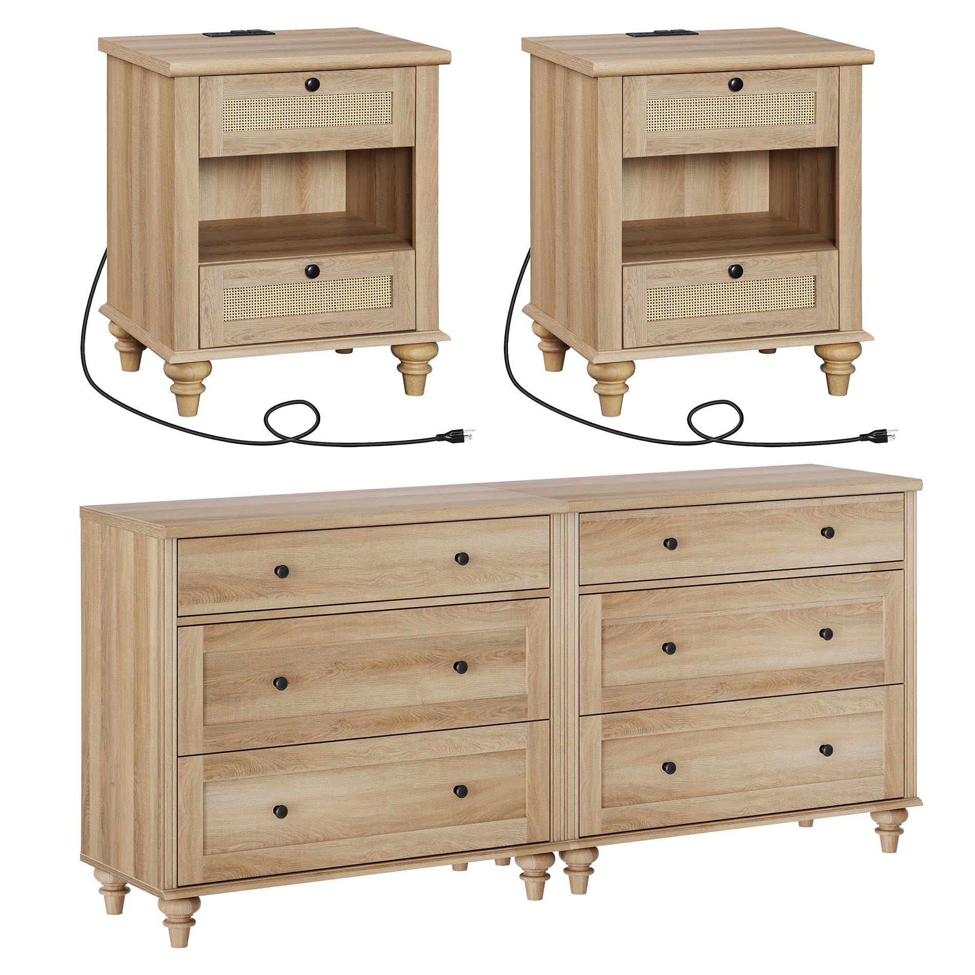 WAMPAT 4 Piece Dresser and Nightstand Sets - Includes Two Farmhouse 3 Drawer Dressers for Bedroom, Set of 2 Side Tables Bedside Table with Charging Station, 4 Piece Bedroom Set, Oak