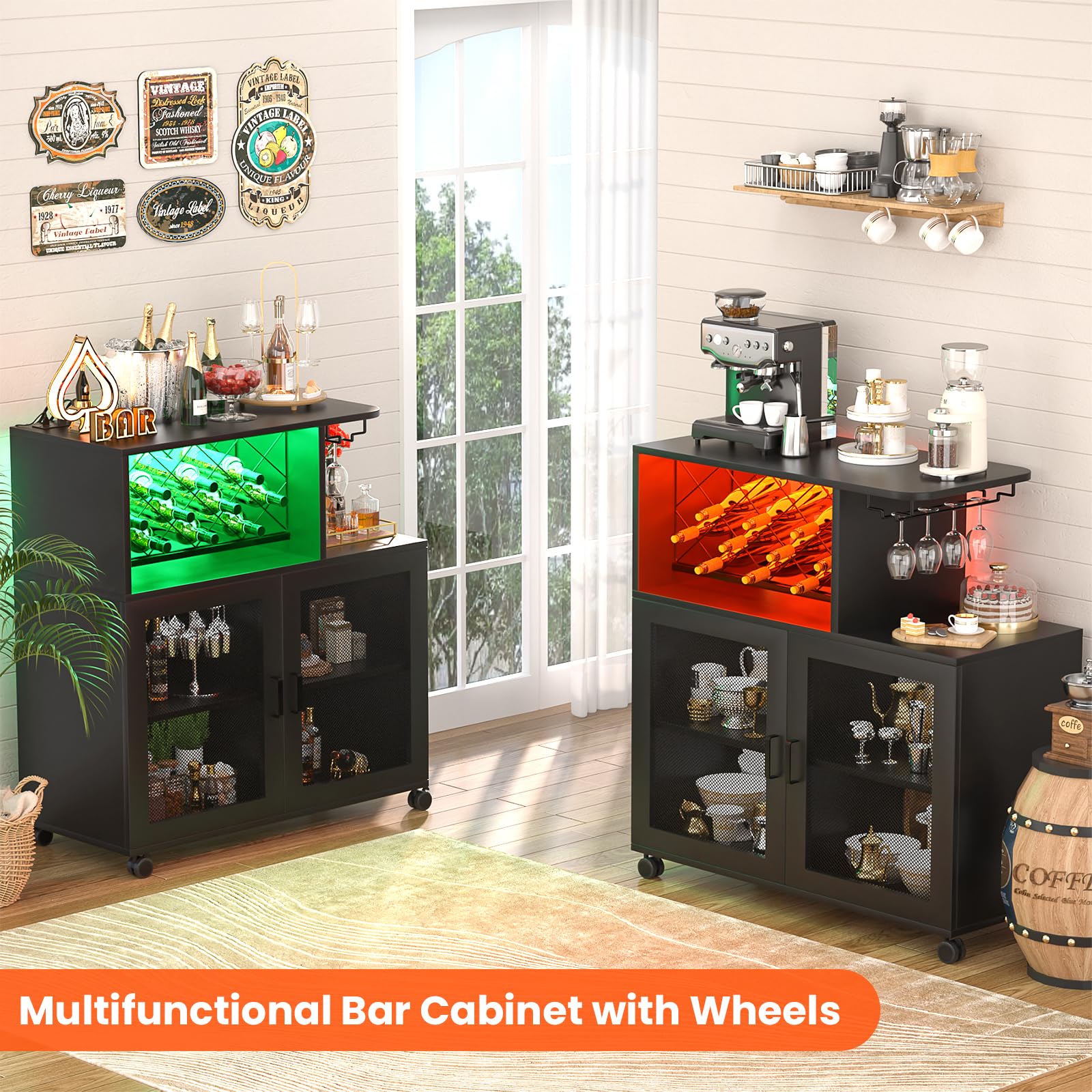 Wine Bar Cabinet with LED Light & Power Outlets