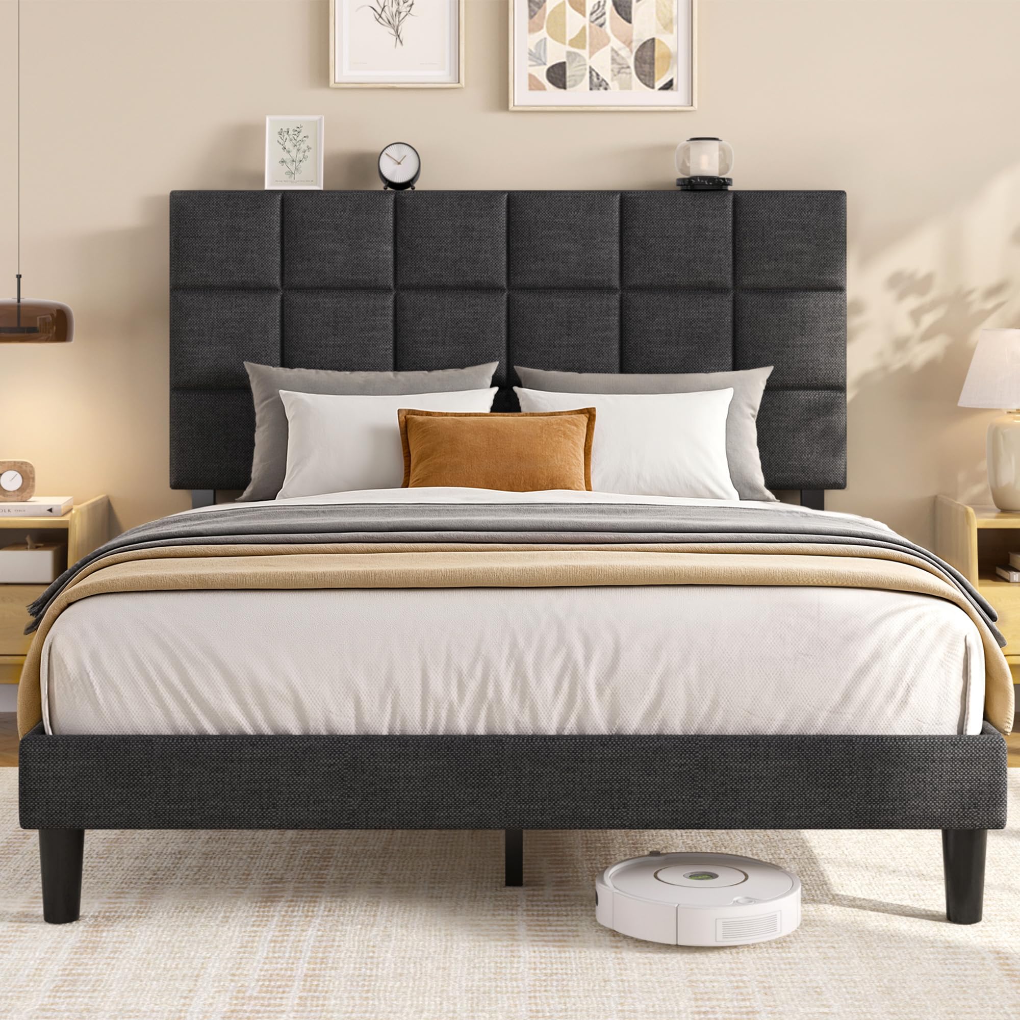 Upholstered Platform Bed Frame with Adjustable Headboard