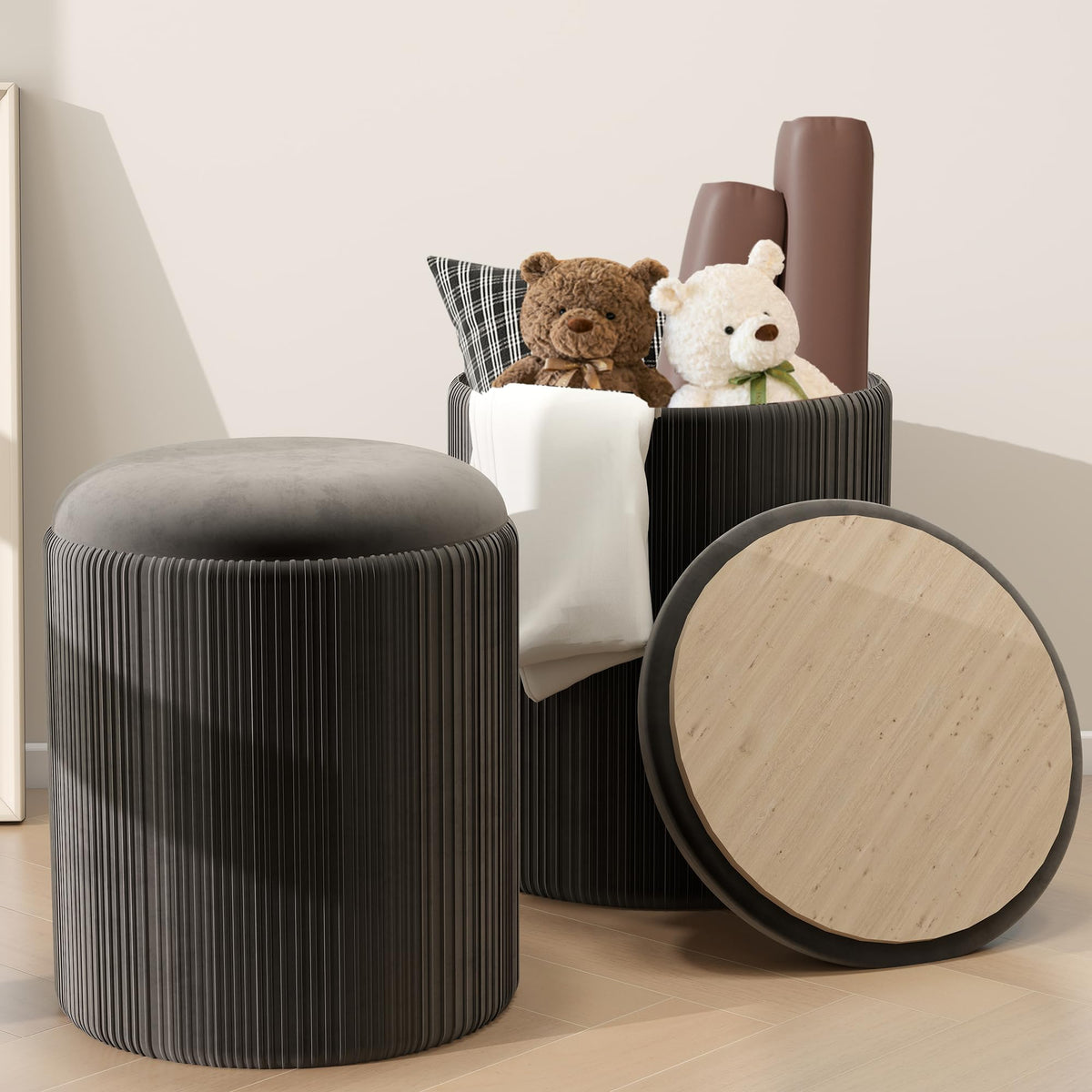 Black Velvet Storage Ottoman Set