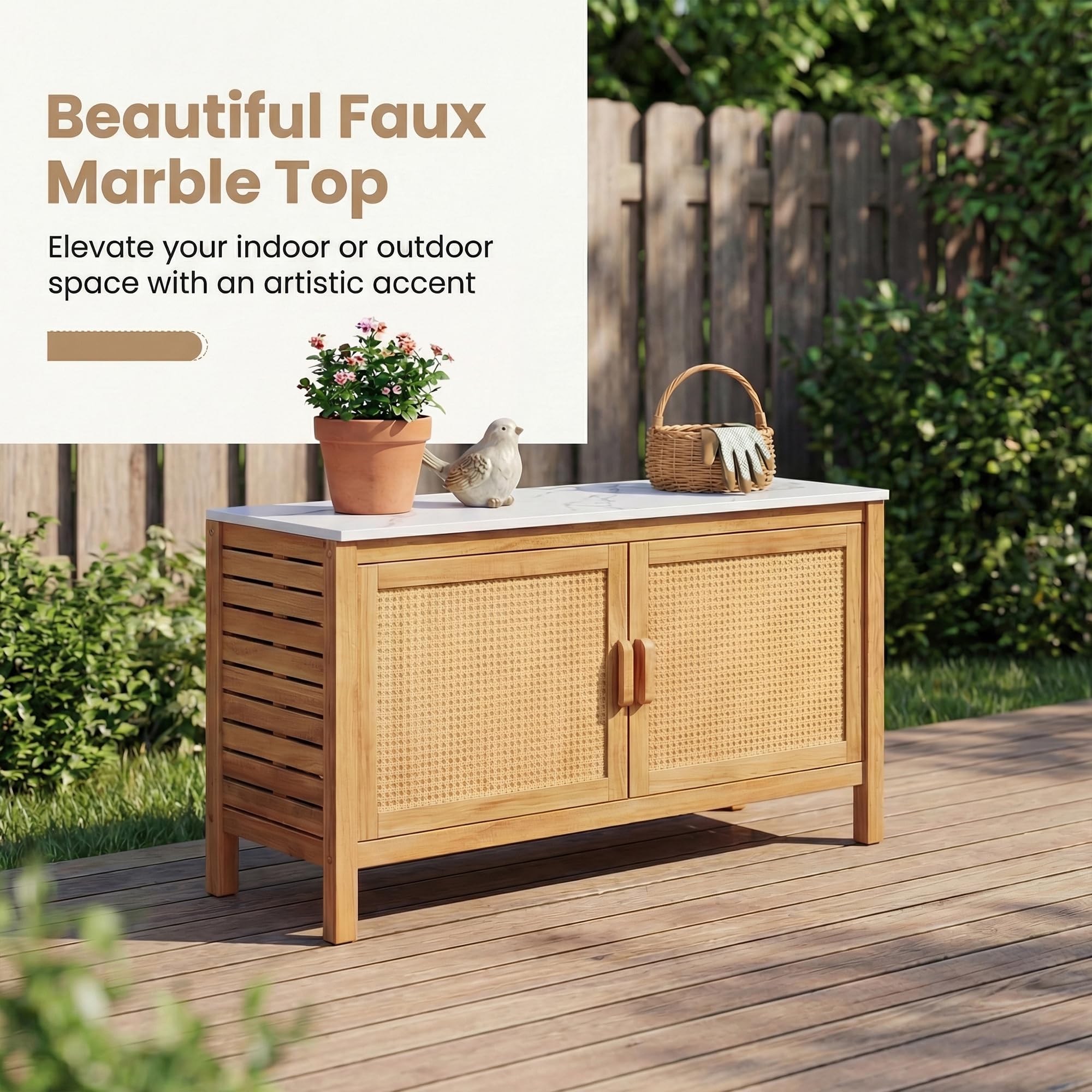 Giantex Acacia Wood Outdoor Cabinet, Storage Cabinet w/Faux Marble Top, Rattan Doors, Interior Shelves & Compartment, Buffet Cabinet, Functional Potting Table for Garden, Patio, Backyard