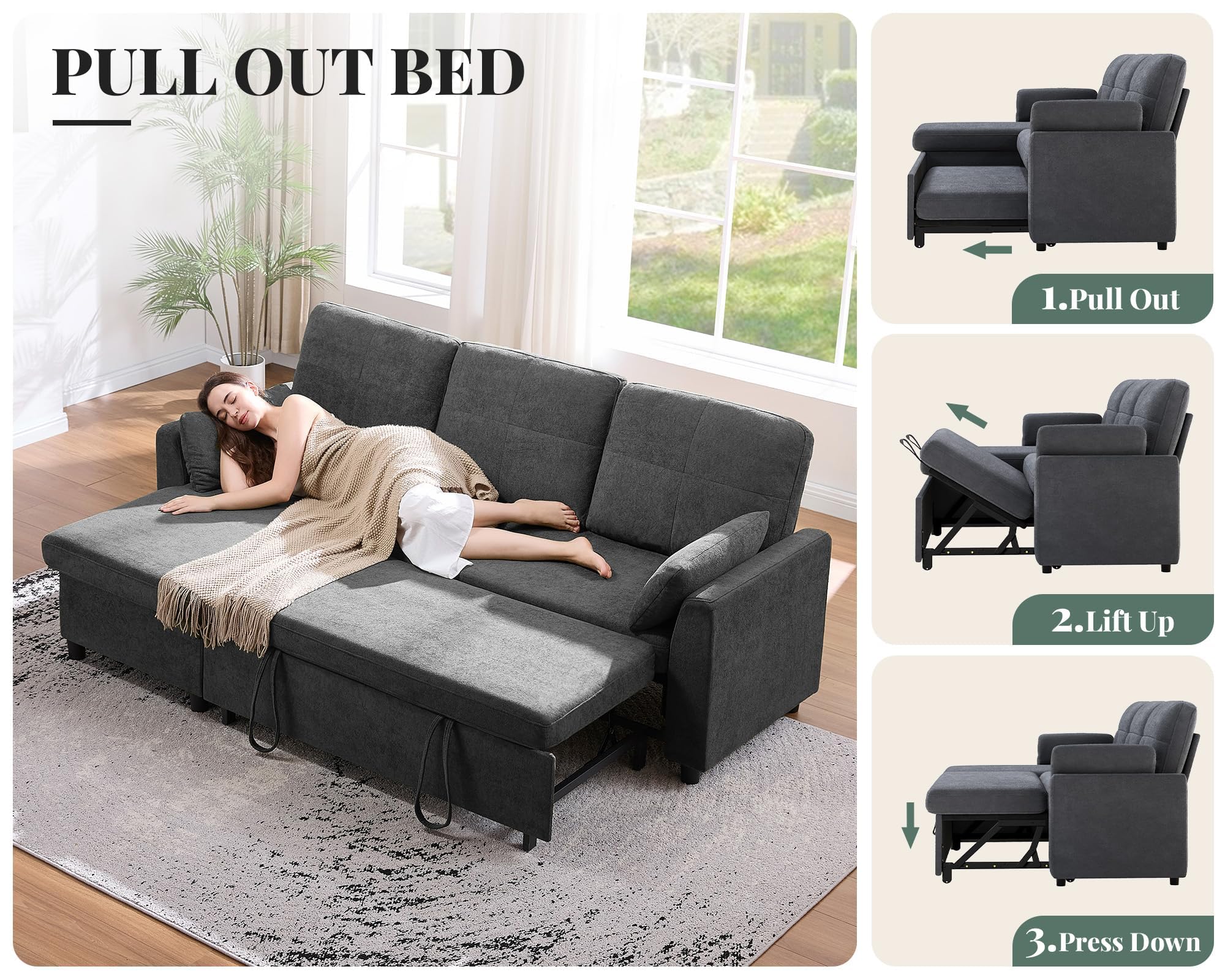 Jocisland L Shaped Sofa Bed, Sleeper Sofa with Storage Chaise, Convertible Couch Bed with Pull Out Couch for Living Room, Linen Gray
