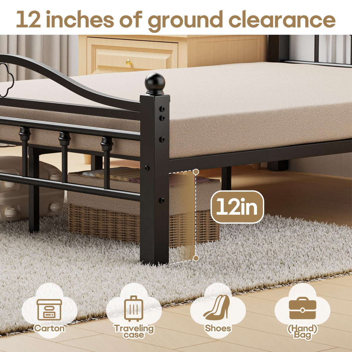 Slumber Haven Full Metal Bed Frame with Headboard, 12-Inch Storage