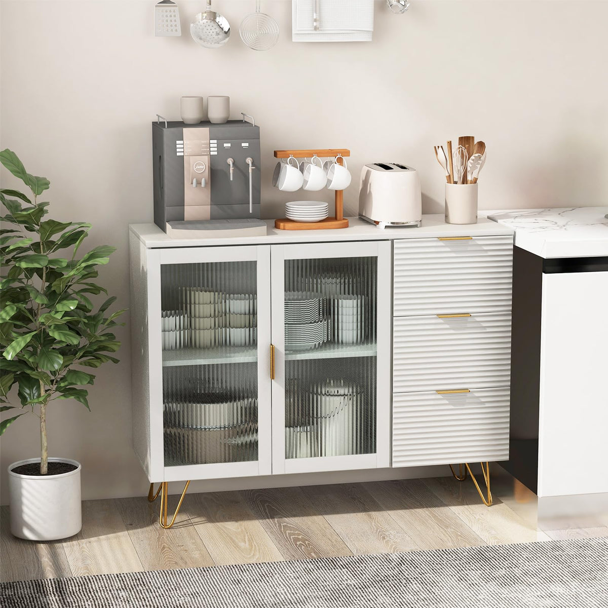 LOKO Kitchen Buffet Cabinet with 2-Tire Storage Space, 3 Drawers, White