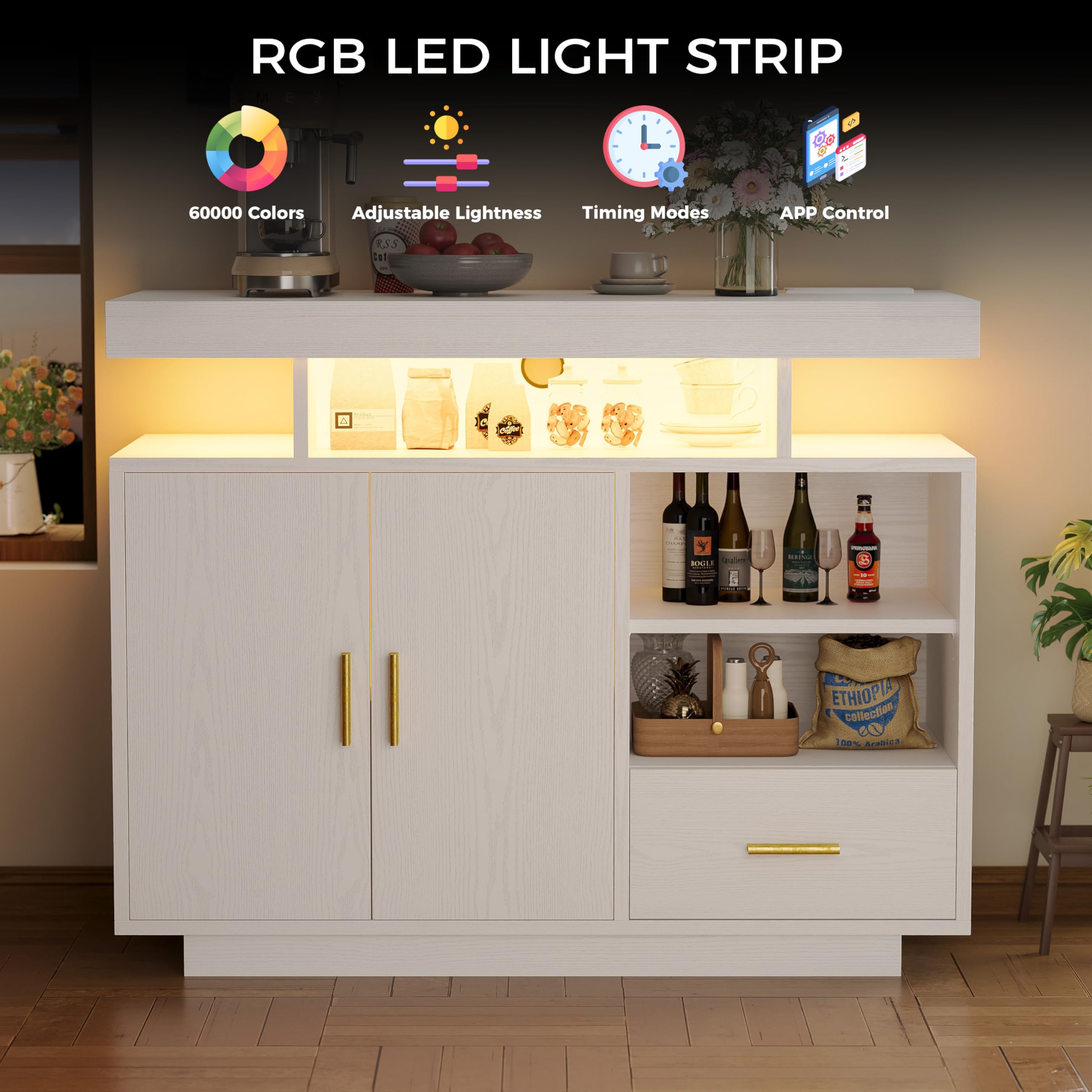 IRONCK Buffet Cabinet, Sideboard Cabinet with Power Outlet and LED Light, Modern Storage Cabinet with Drawer and Shelves, White