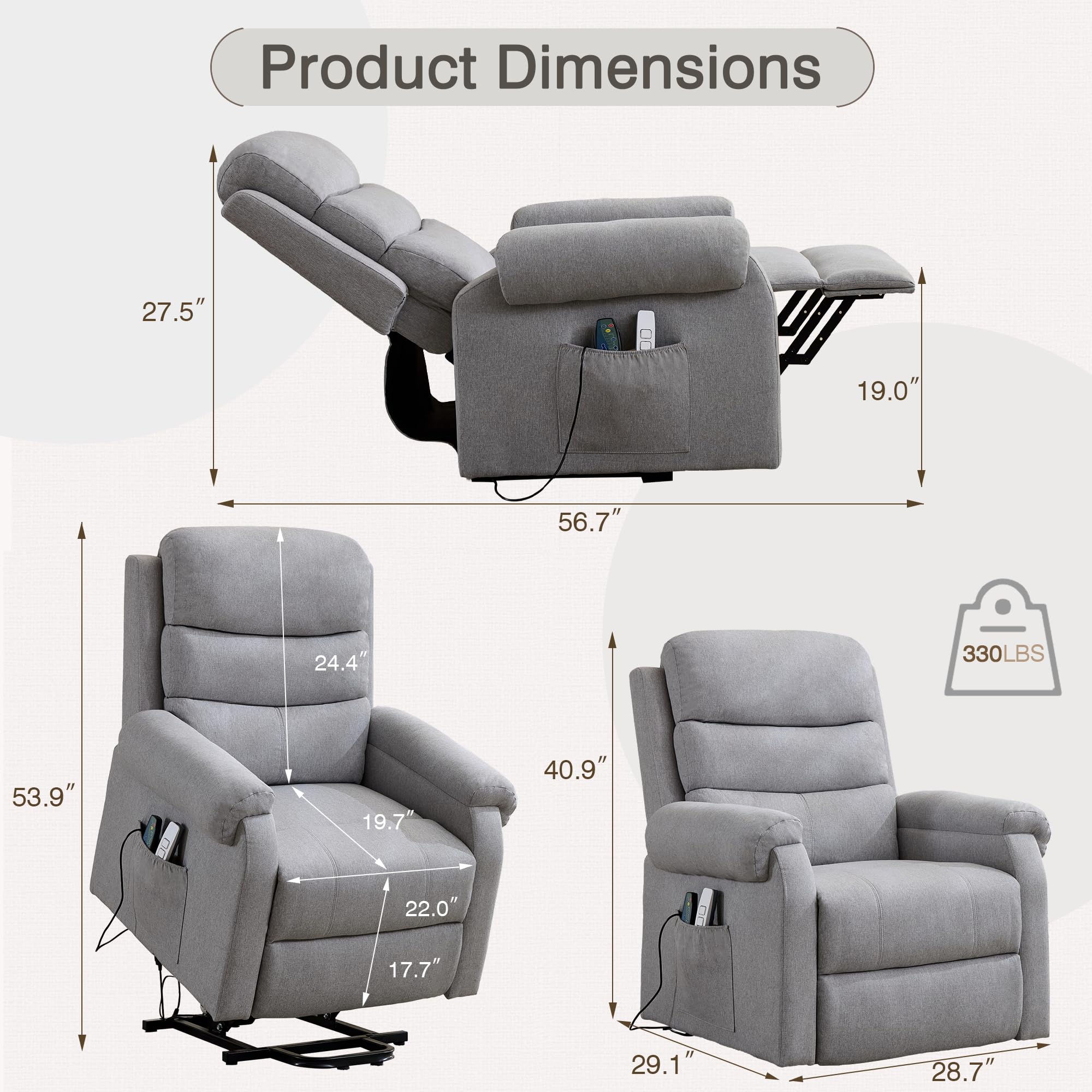 LOUVIXA Power Lift Recliner Chair Recliners for Elderly with Heat and Massage Recliner Chair for Living Room with Infinite Position and Side Pocket, USB Charge Port (Light Grey)