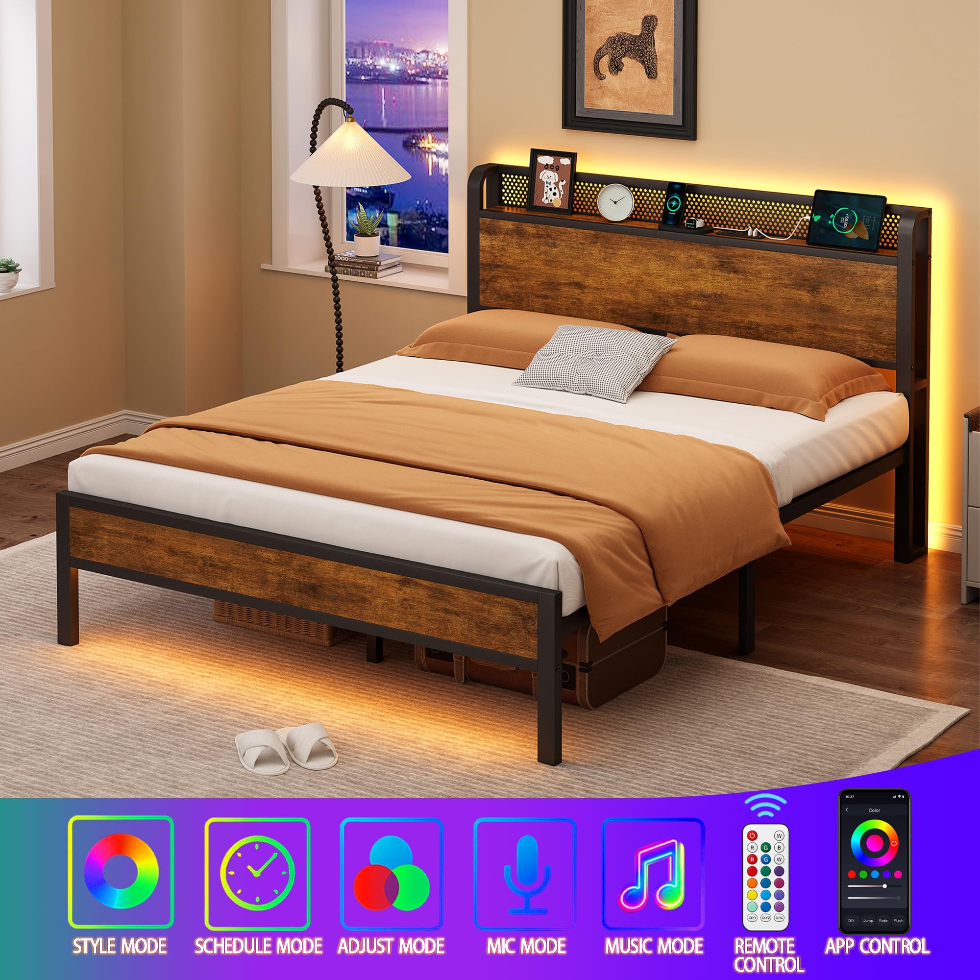 Nedenyou Full Bed Frame with Charging Station and LED Lights,Heavy Duty Platform Beds Full Size with Storage Headboard,USB Port,Rustic Wood and Strong Metal Support,No Box Spring Needed, Noise Free