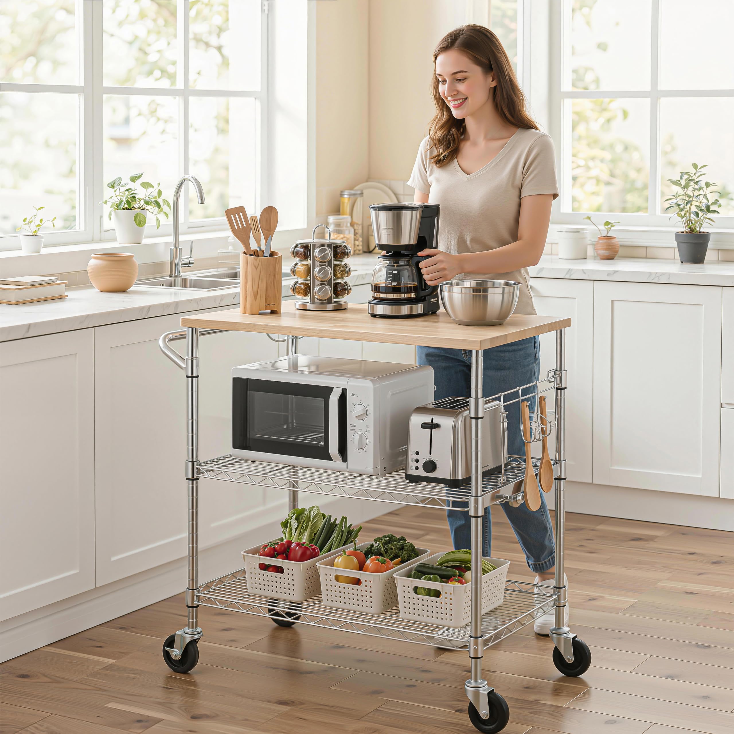 Finnhomy 3-Tier Rolling Kitchen Cart With 18" D x 30" W Oak Wood Tabletop, Kitchen Island With 4" Wheels and Slider Shelf, Microwave & Coffee Cart With Hooks for Dining Room, Chrome