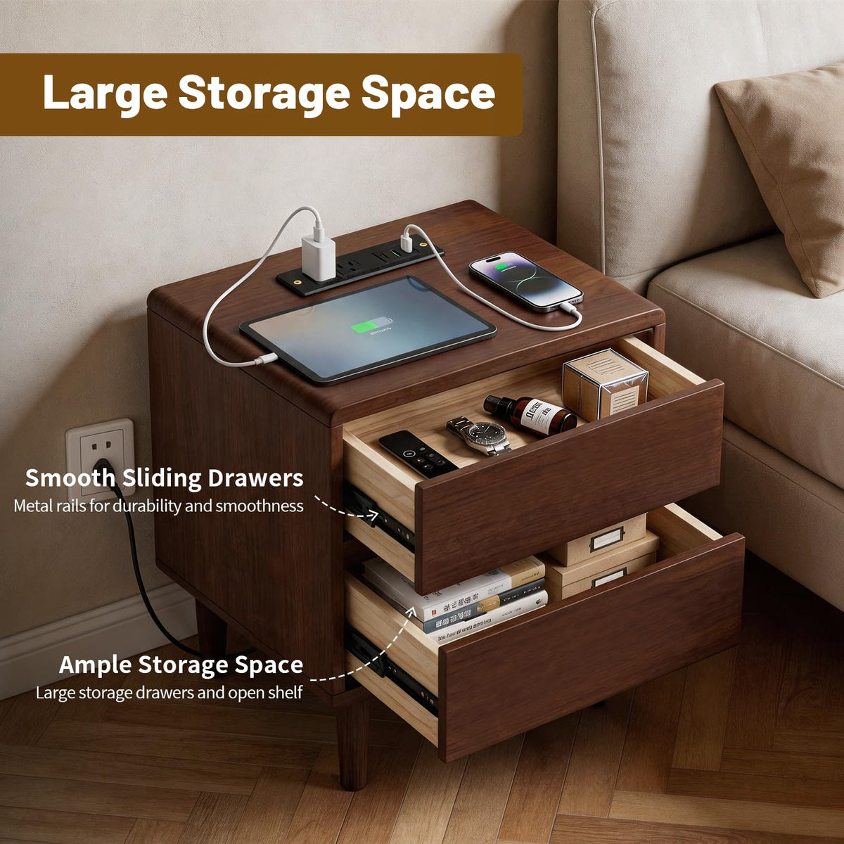 Solid Wood Nightstand with Charging Station,USB-C Port, 15.7 inch Wide End Table with 2 Drawers, Modern Wood Bedside Table for Bedroom(Walnut)