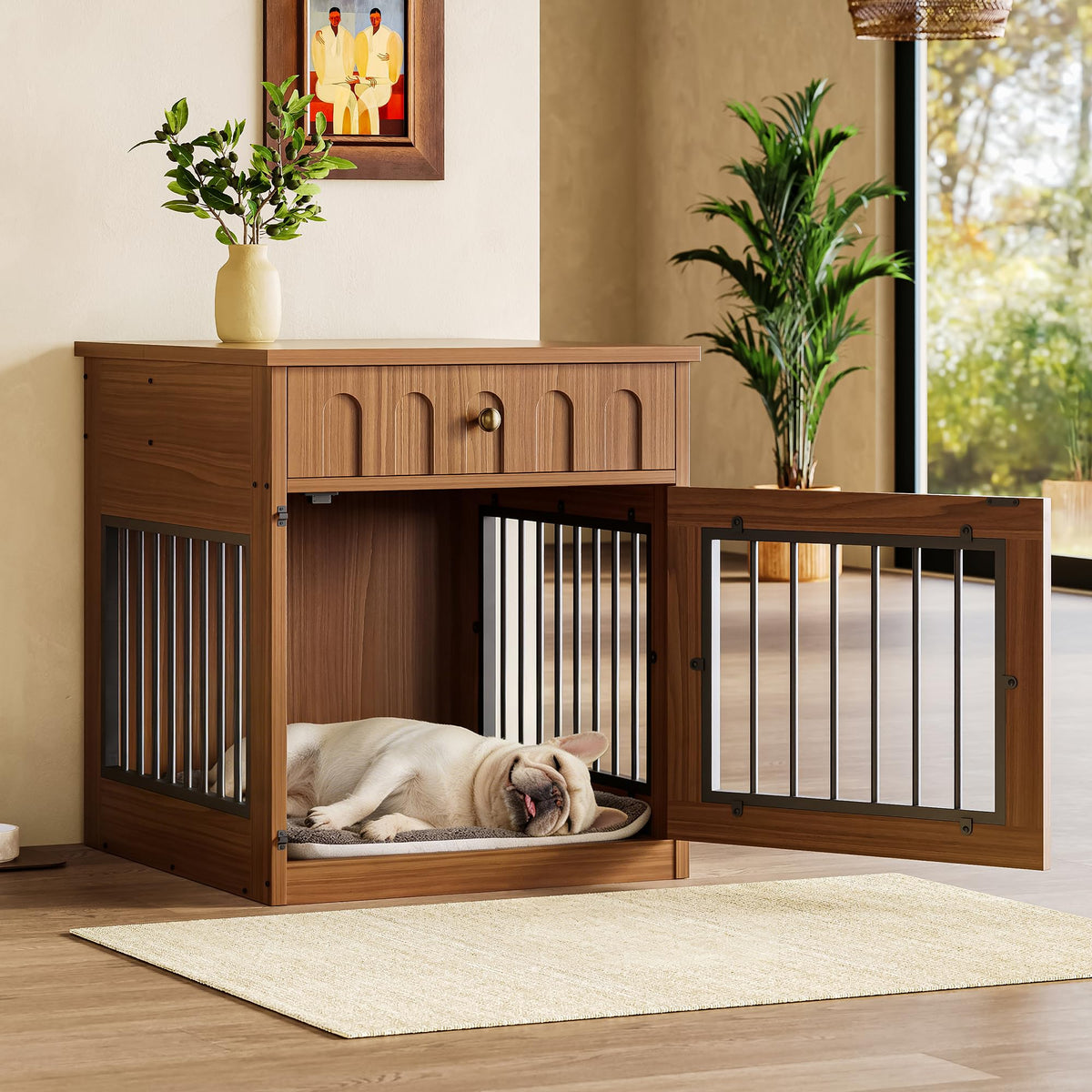 IRONCK 25.6" Small Dog Crate Furniture with Drawer and Flip Top, Walnut