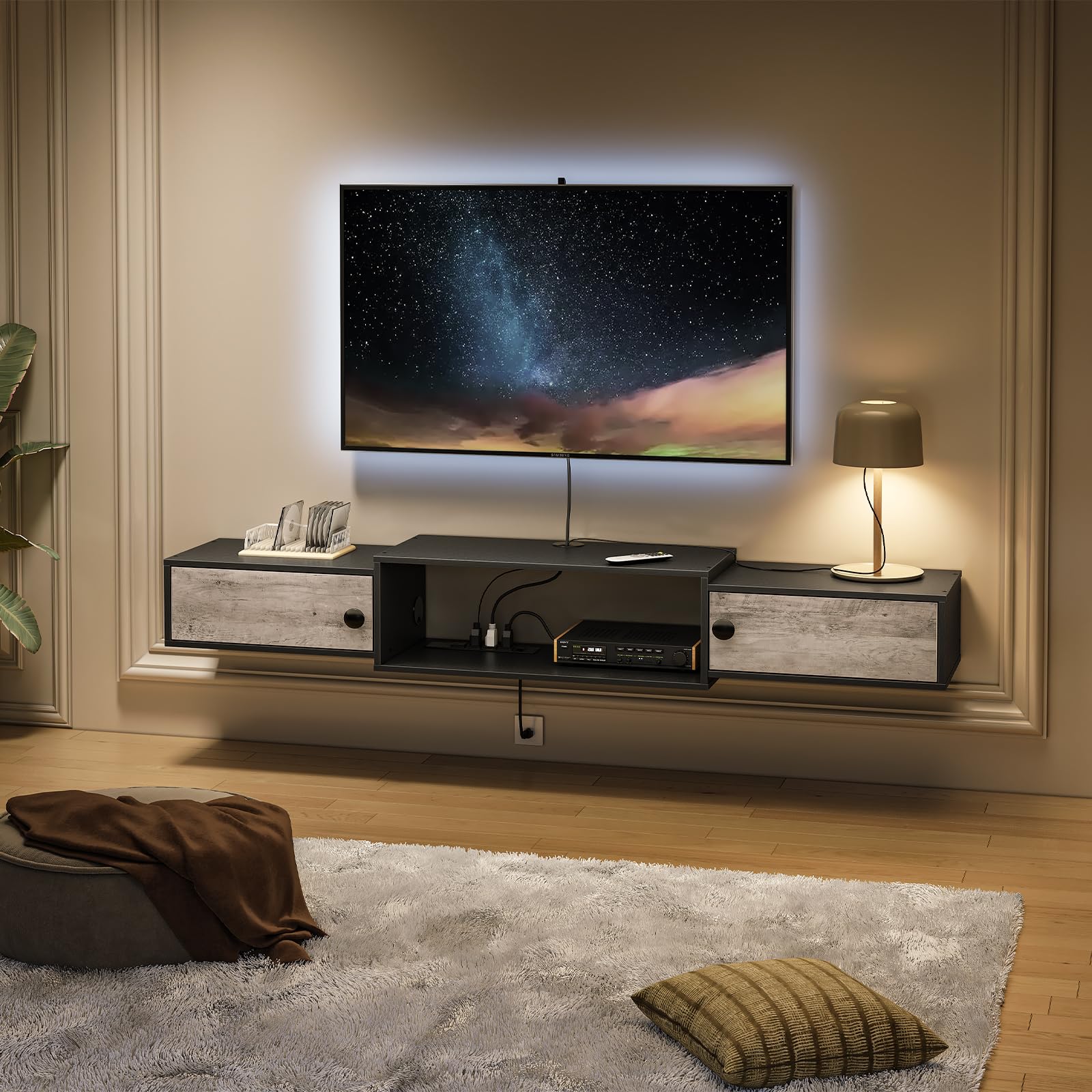 HOOBRO 55" Floating TV Stand with Power Outlets, Modern Wall Mounted Media Console Shelf with Doors, Entertainment Center for Under TV Storage, for Living Room, Bedroom, Greige and Black BG11UDS01
