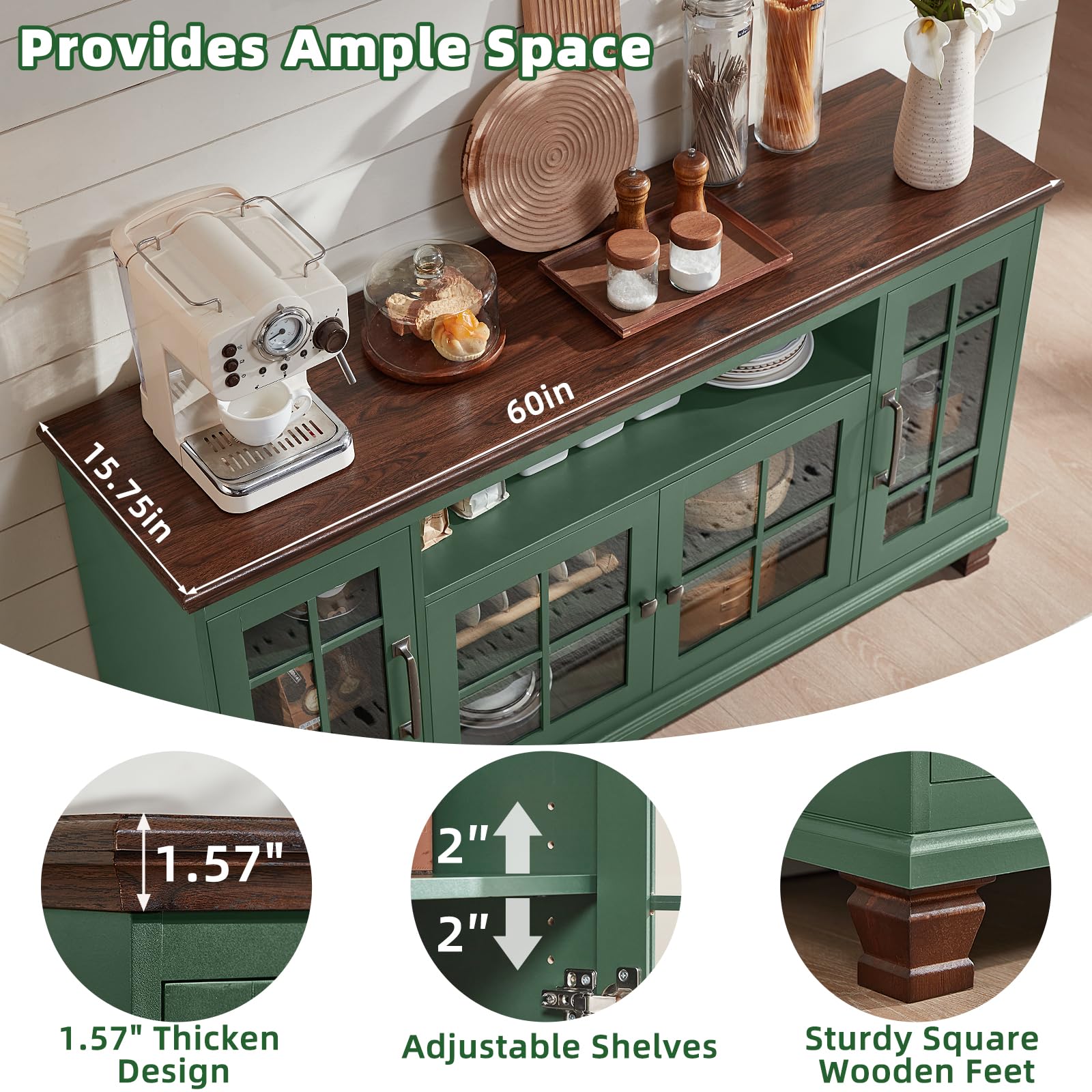 Farmhouse Sideboard Buffet Cabinet with Glass Doors
