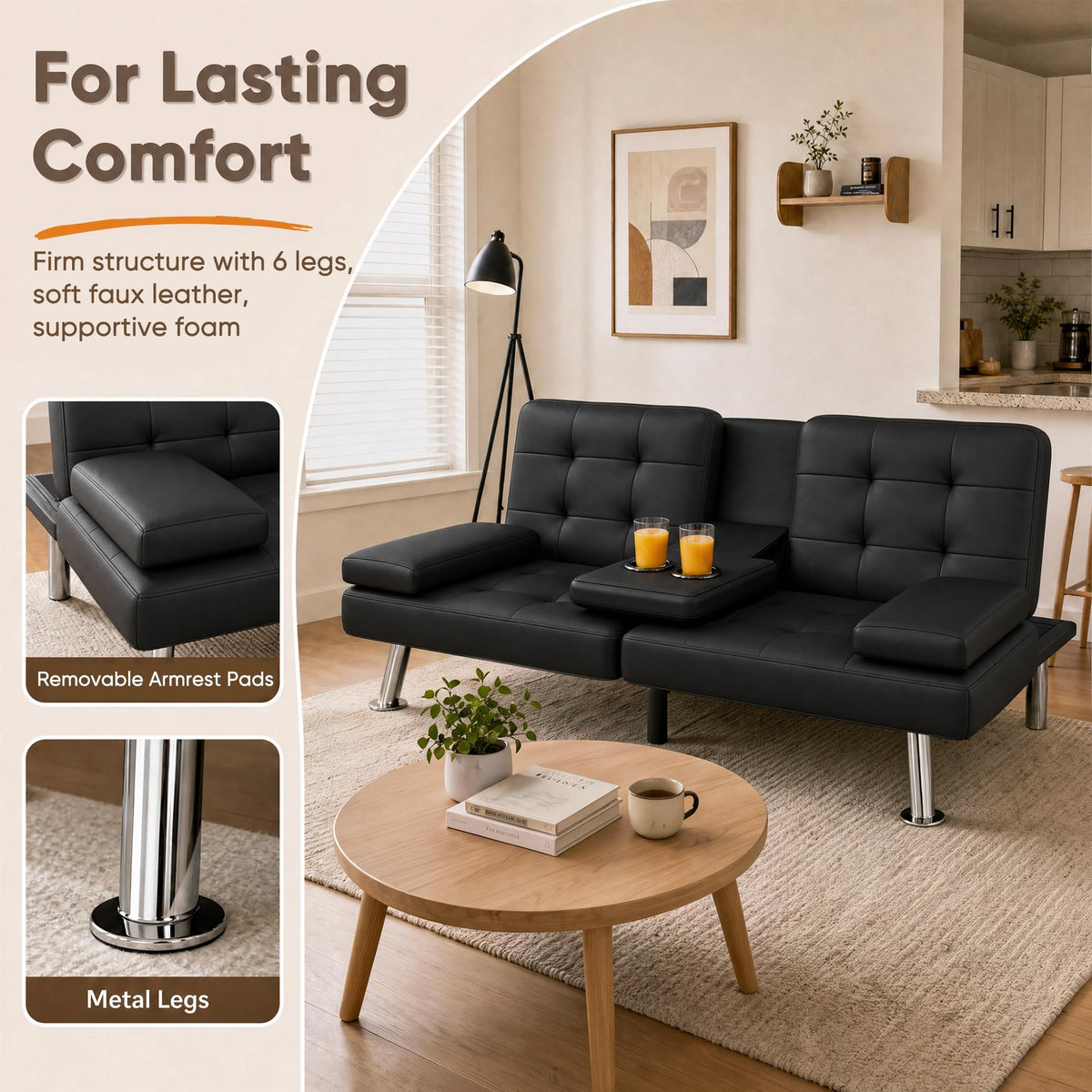 Flamaker Futon Sofa Bed, Black Faux Leather Convertible Loveseat Couch