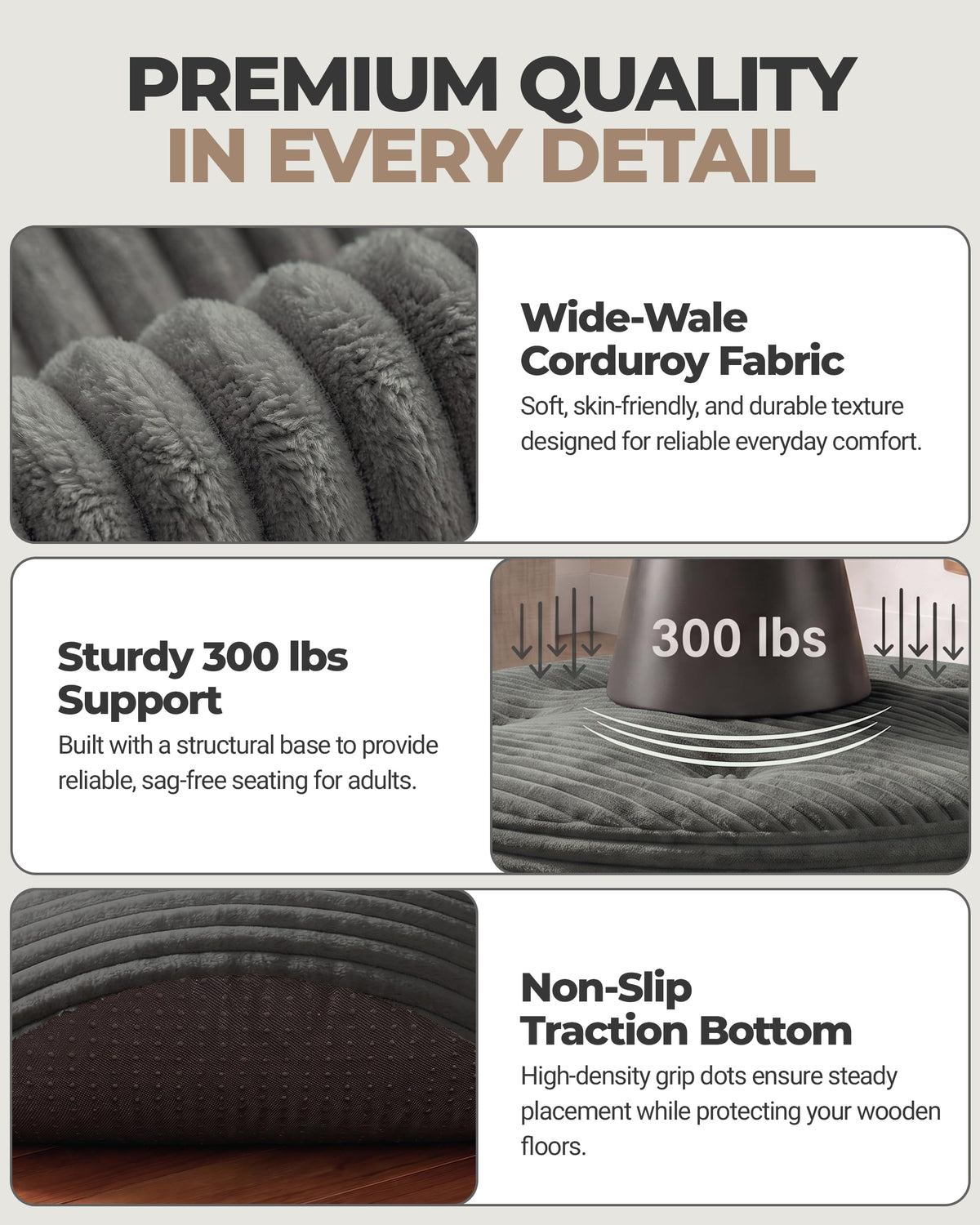 Fabulcozy 23.6in Round Pouf Ottoman, Corduroy Footstool Foot Rest Seating