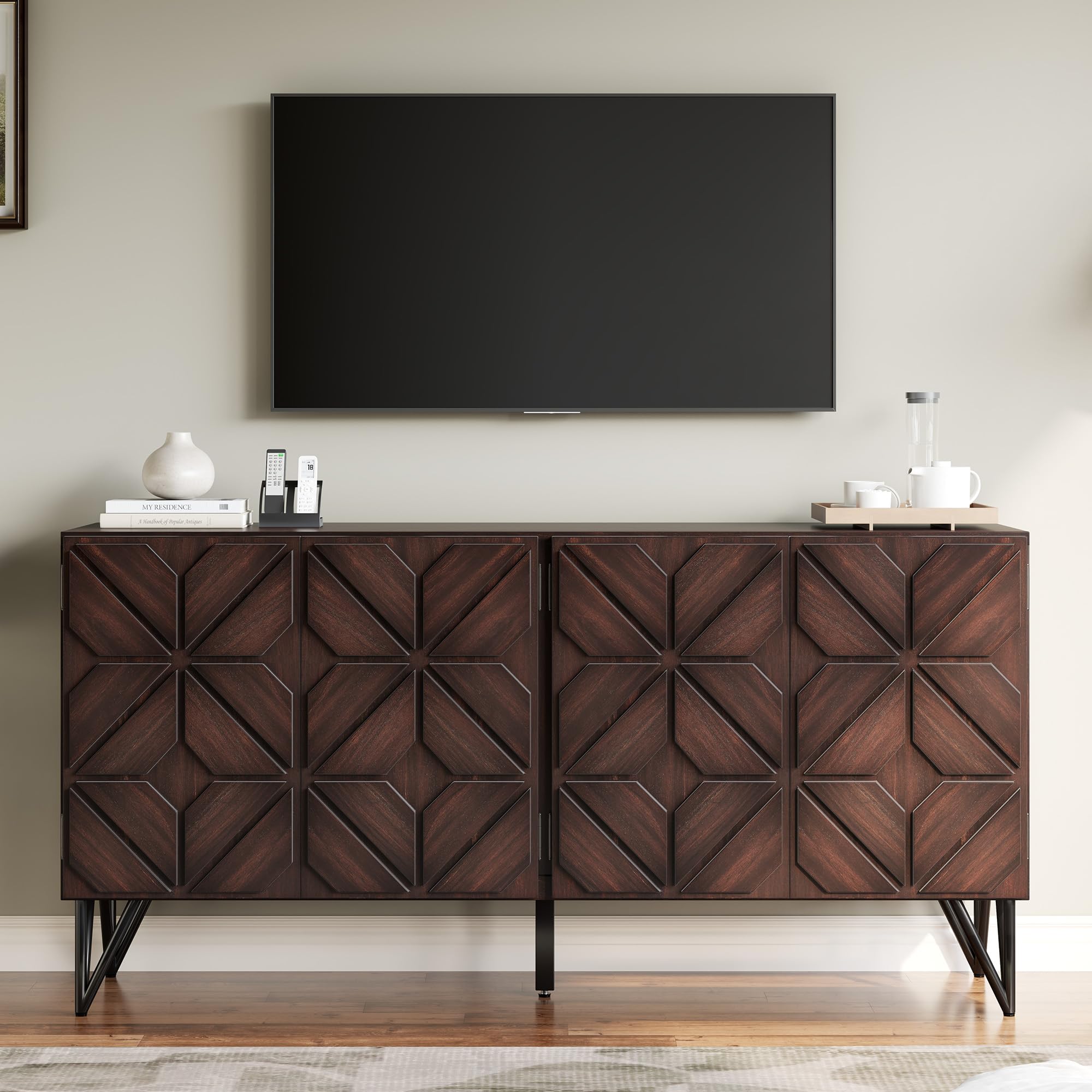 63" Wood Sideboard Buffet Cabinet with Hand-Carved Doors
