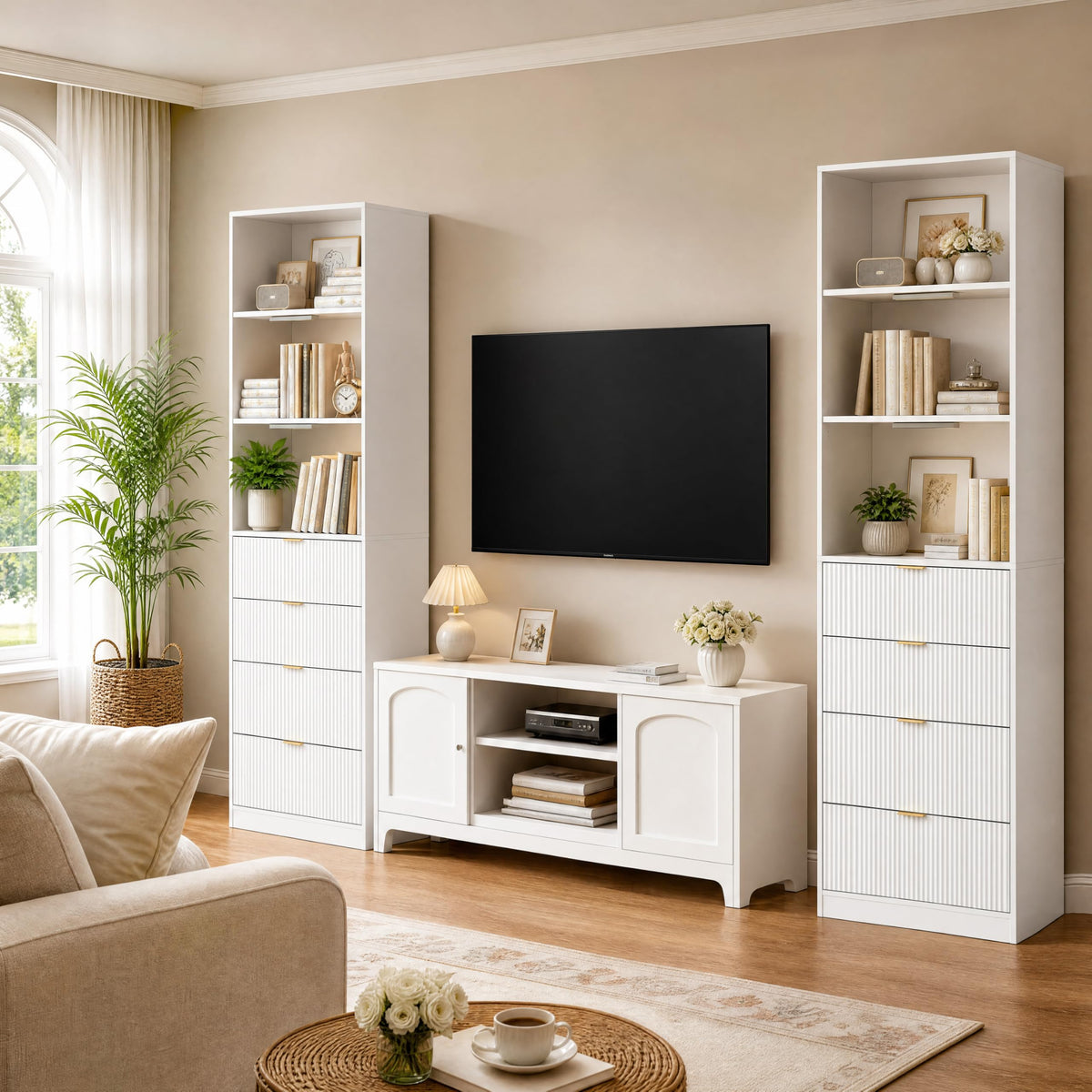 Fluted Bookshelf with 4 Drawers