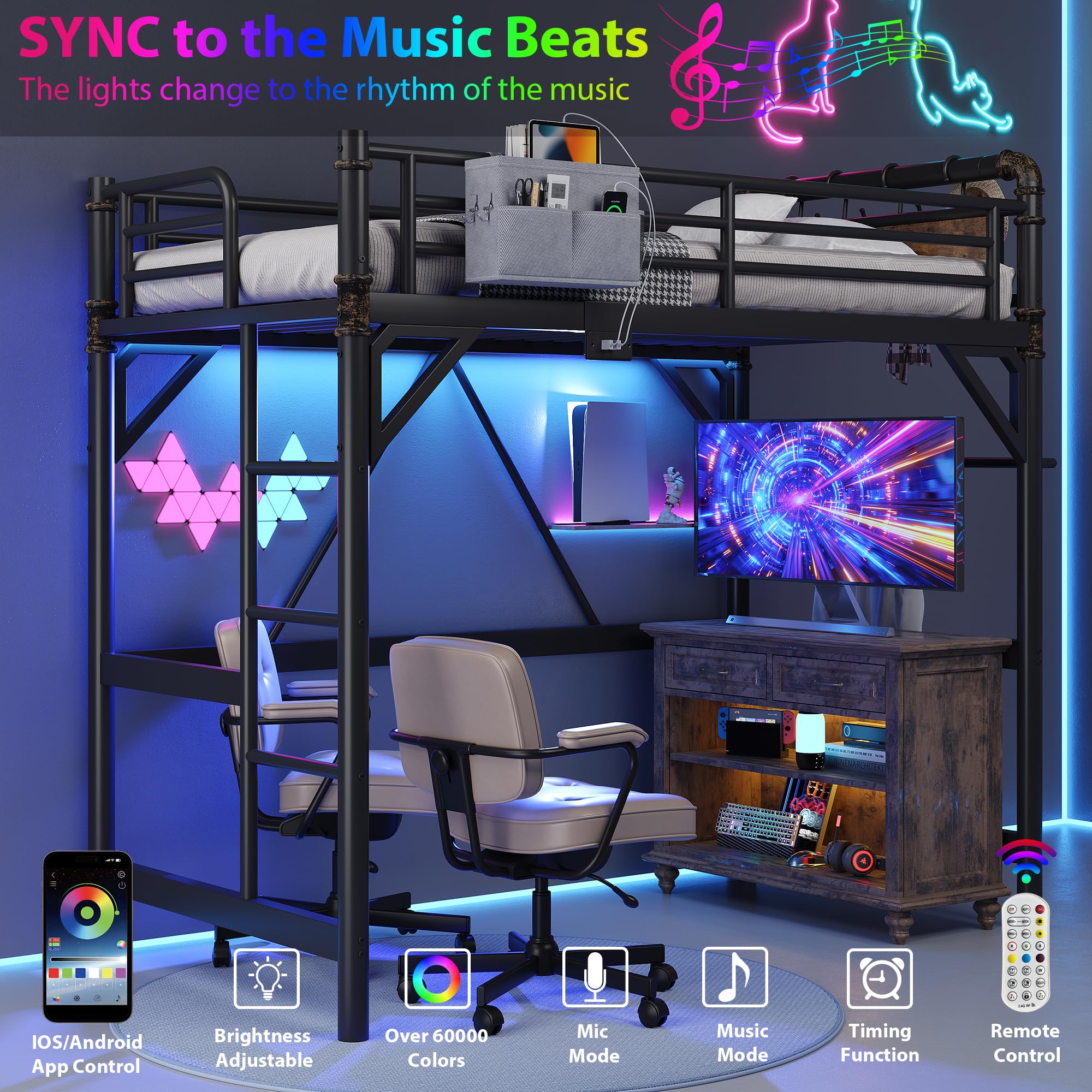 Twin Loft Bed with RGB LED Lights & Charging Station