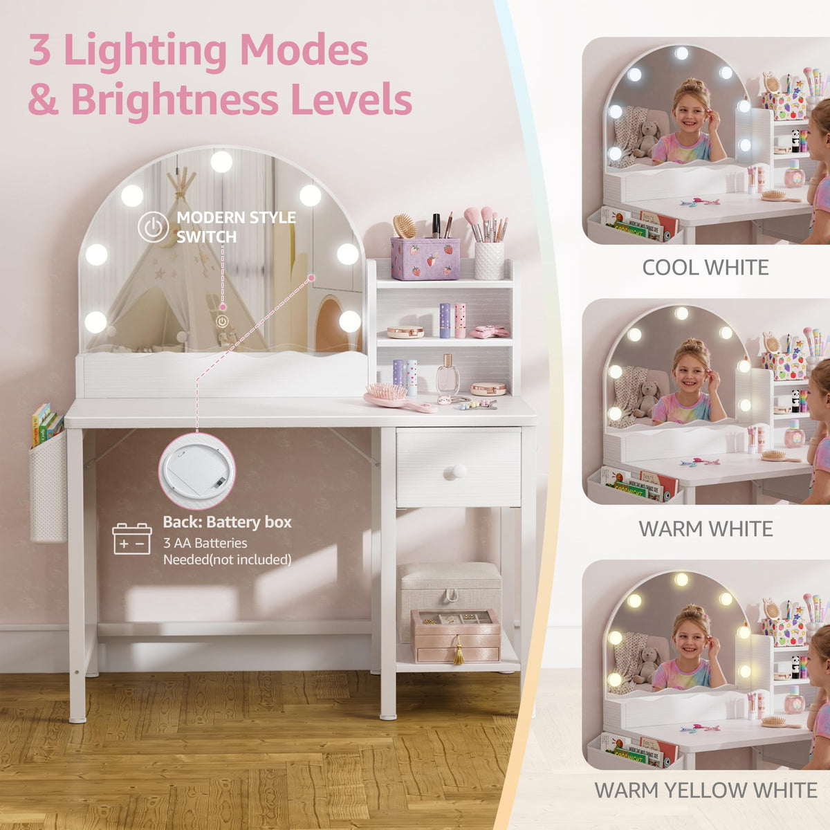 BOLUO Kids Vanity for Girls, Kids Vanity Table and Chair Set with Light and Mirror, 2 in 1 Kid Vanity Set, Princess Makeup Vanity Desk with Drawers White