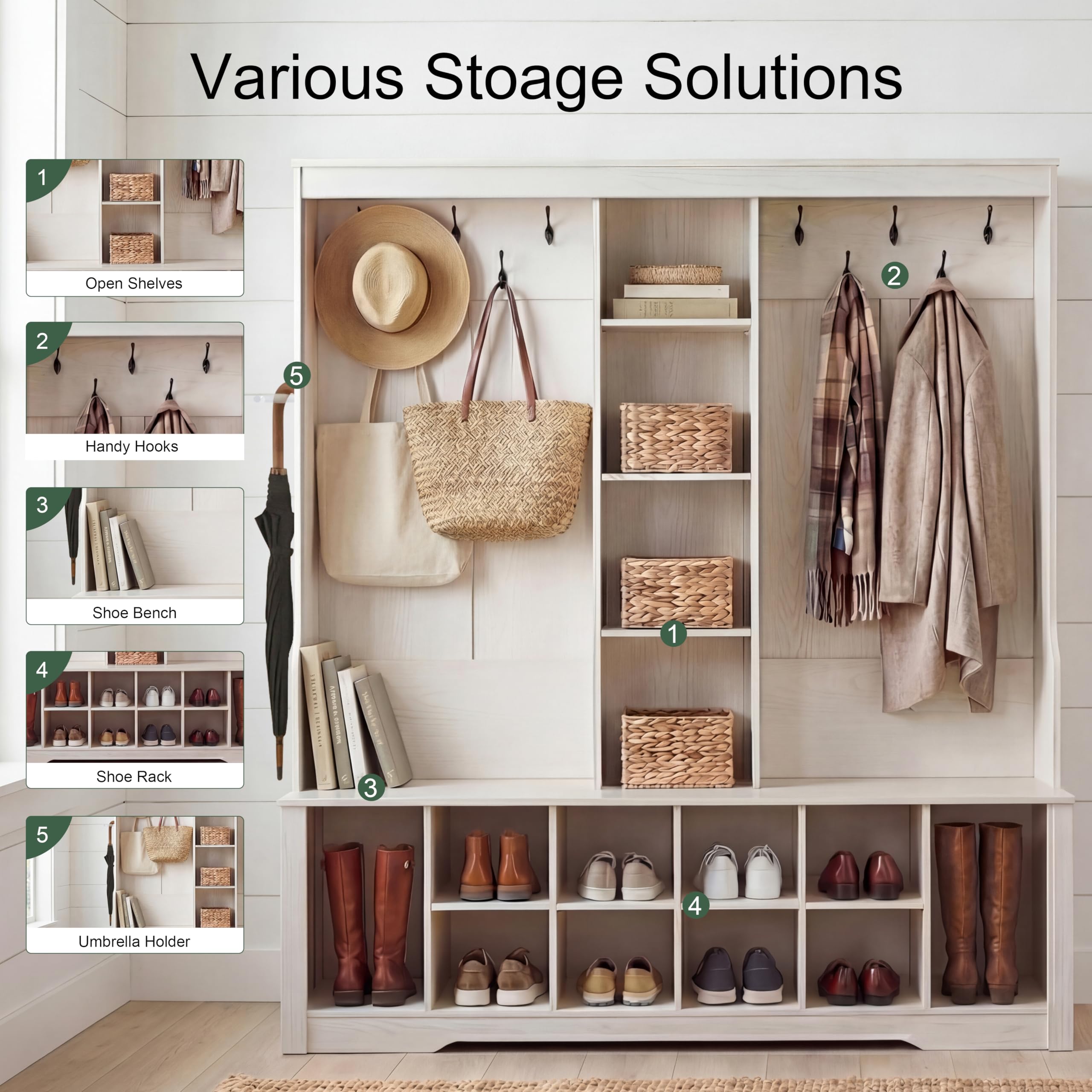 CasaGlajore 59” Hall Tree with Bench and Shoe Storage, Entryway Coat Rack with 10 Hooks & Open Shelves, Space Saving Hall Tree with 10 Shoe Cubbies for Hallway, Mudroom, Living Room