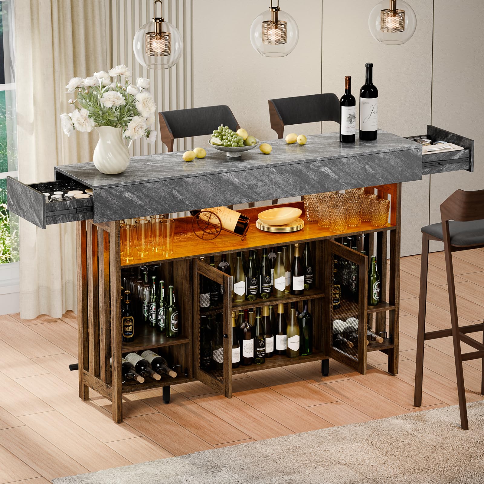 Bar Table Cabinet with LED Lights & Wine Storage
